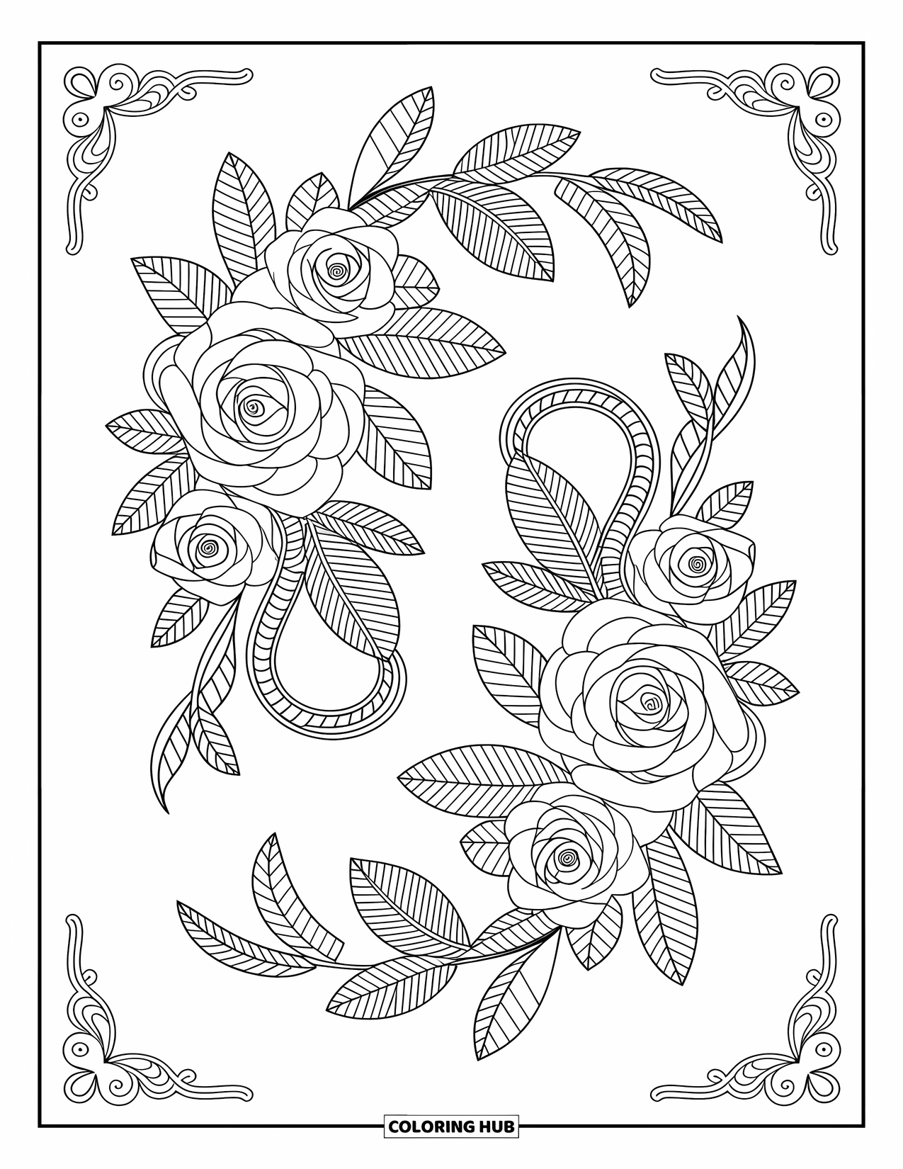 Wedding Coloring Page for Adults: Intricate mandala with roses, wedding rings, and heart-shaped lace
