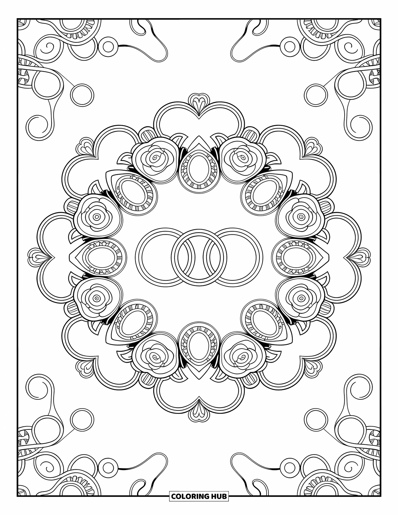 Wedding Coloring Page for Adults: Mandala filled with rings, roses, lace, and delicate decorative flourishes