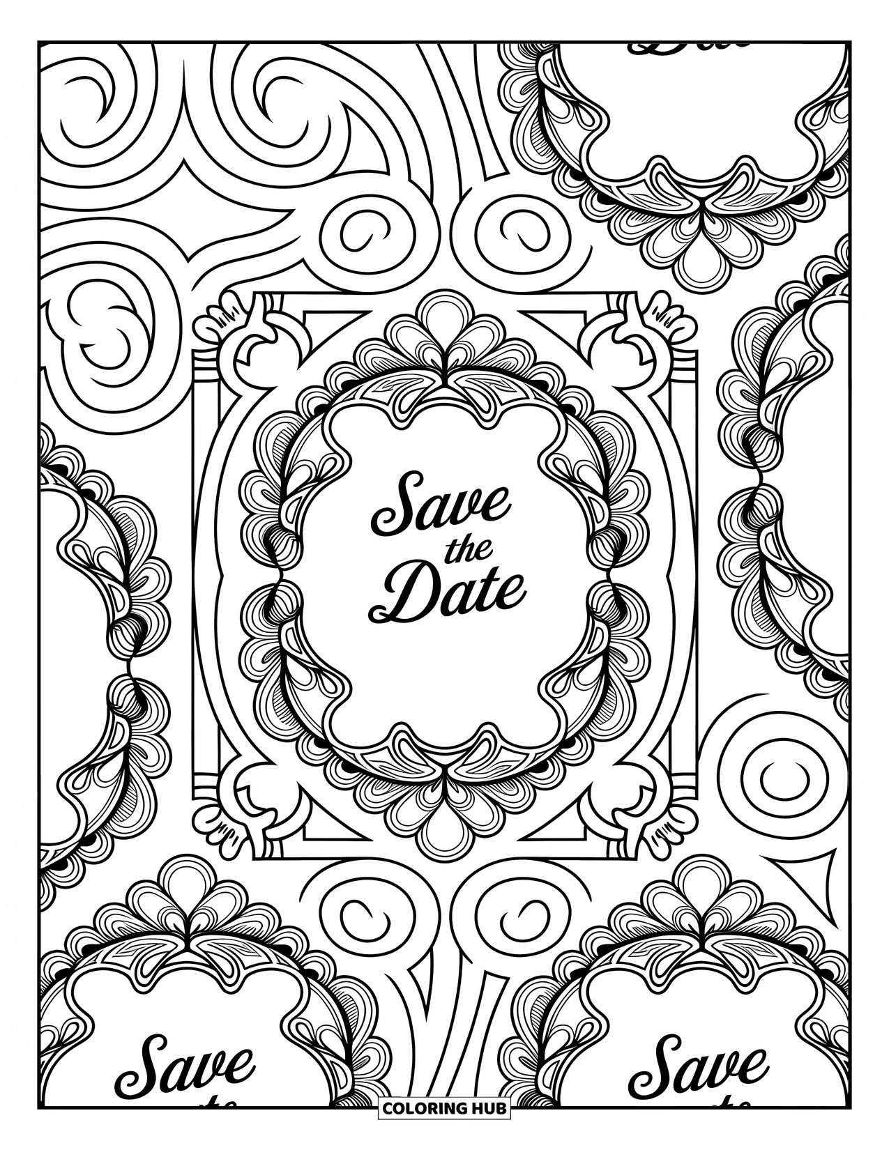 Wedding Coloring Page for Adults: Ornamental save-the-date cards with filigree borders and swirling decorative patterns