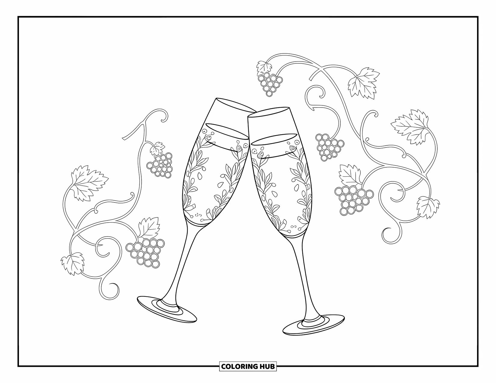 Wedding Coloring Page for Adults: Ornate champagne glasses with vines and grapes framed by swirling leafy patterns