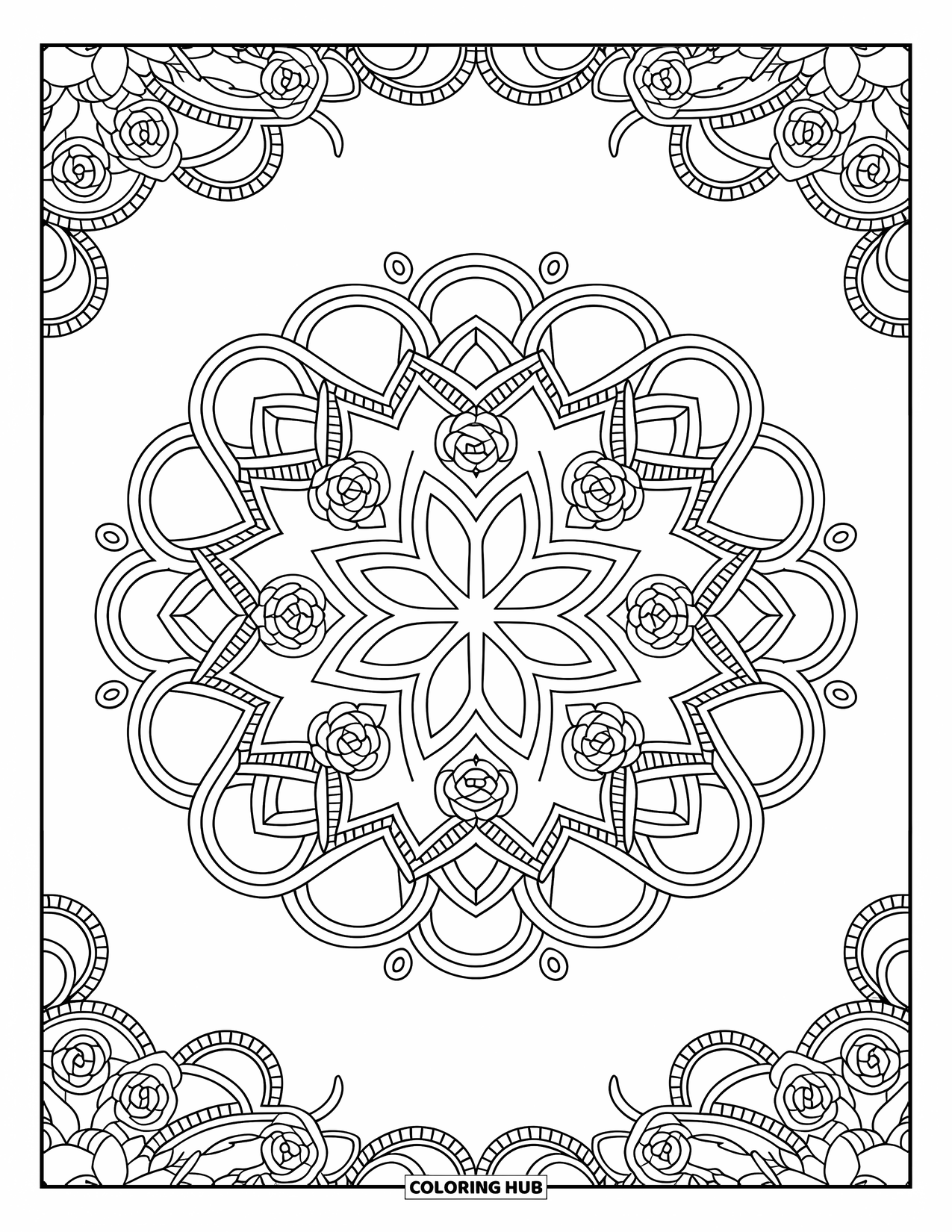 Wedding Coloring Page for Adults: Rings and roses entwined in a mandala with swirling floral patterns