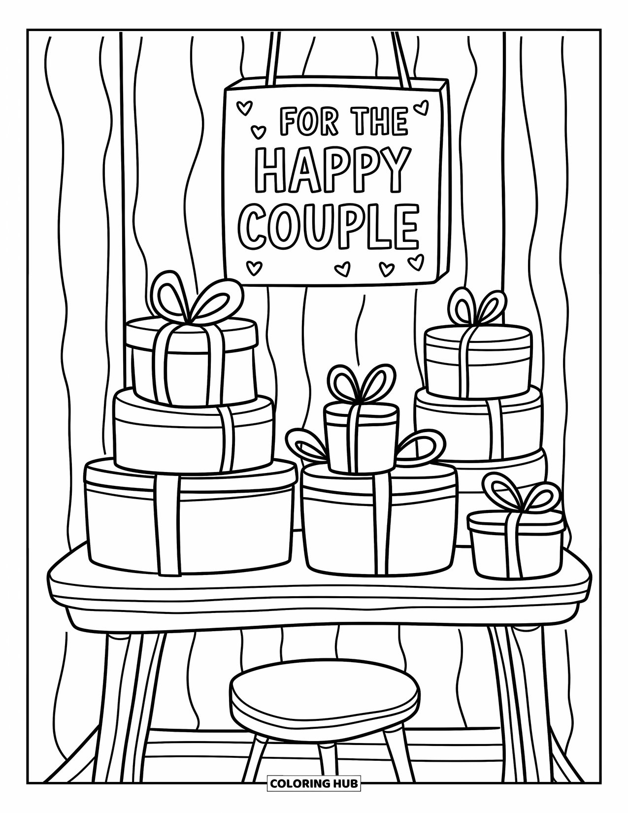 Wedding Coloring Page for Adults: Stacked gifts wrapped in bows sit under a bubbly ìFor the Happy Coupleî sign