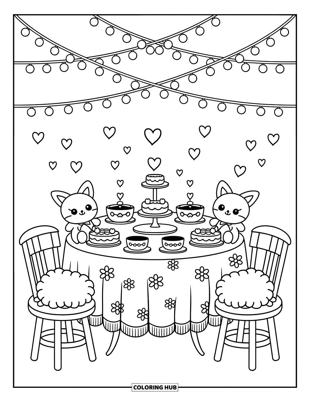 Wedding Coloring Page for Adults: Tea party scene with cakes, heart steam, and chibi animals on cushions