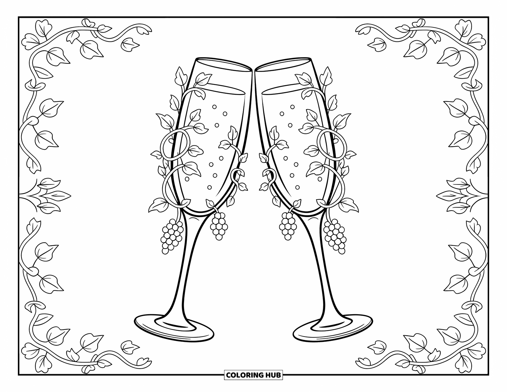 Wedding Coloring Page for Adults: Two elegant champagne flutes wrapped in vines and grapes sit within a swirling border