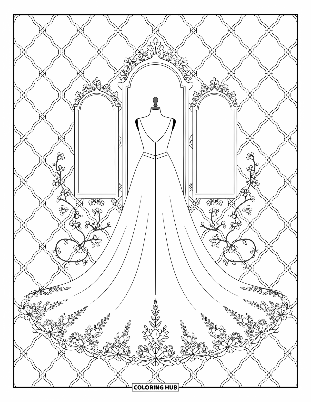 Wedding Coloring Page for Adults: Wedding dress on display with vintage mirrors and delicate floral patterns