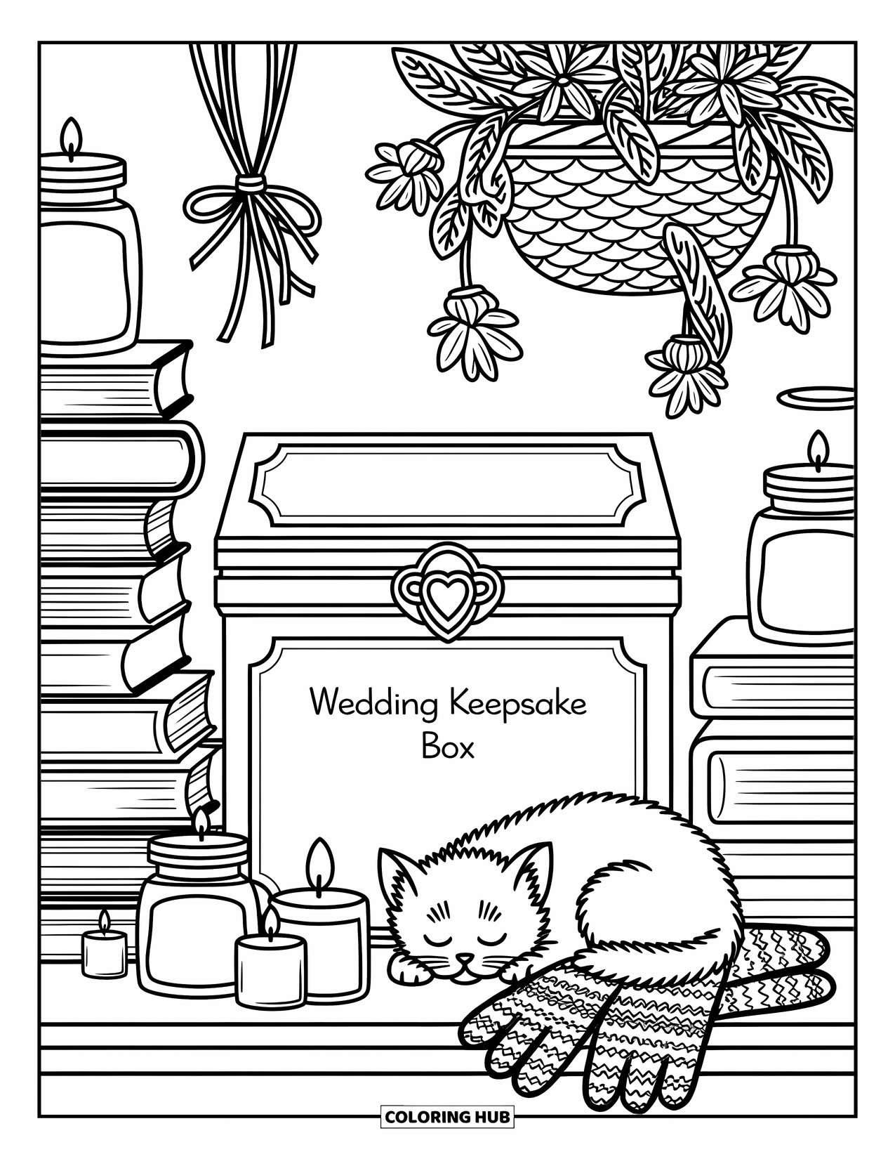 Wedding Coloring Page for Adults: Wedding keepsake scene with a kitten, books, candles, and ribbon-tied flowers