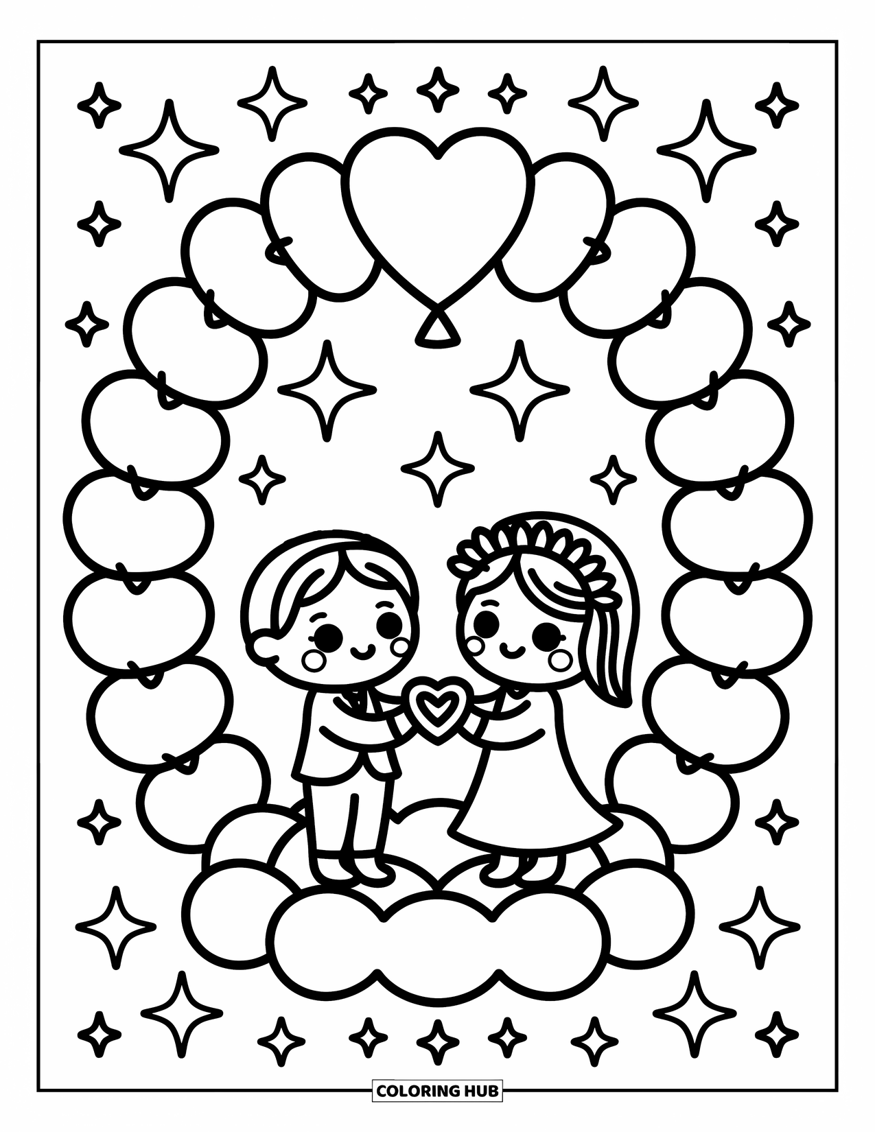 Wedding Coloring Page for Adults: Wedding on a cloud with heart rings, star balloons, and sparkles in the sky