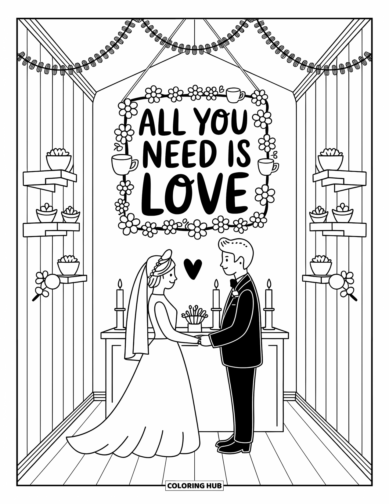 Wedding Coloring Page for Adults: Wedding scene with a cute couple under a cozy sign surrounded by tiny hygge doodles
