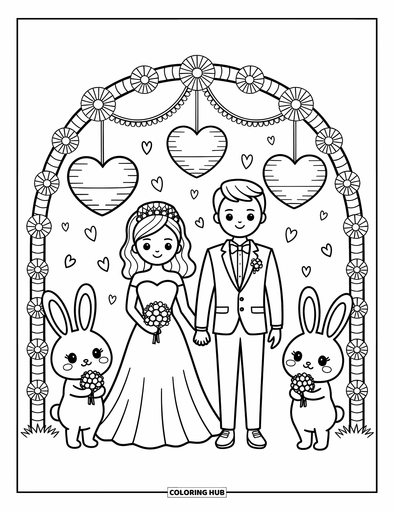 Wedding Coloring Page for Adults: Wedding scene with lanterns, petals, and bunnies beside the couple holding hands