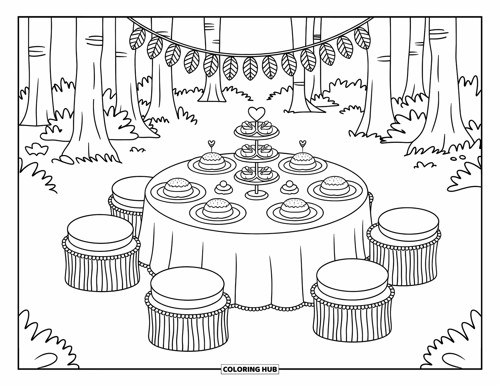 Wedding Coloring Page for Adults: Wedding tea party scene with pastries, pillows on logs, and hanging leafy garlands