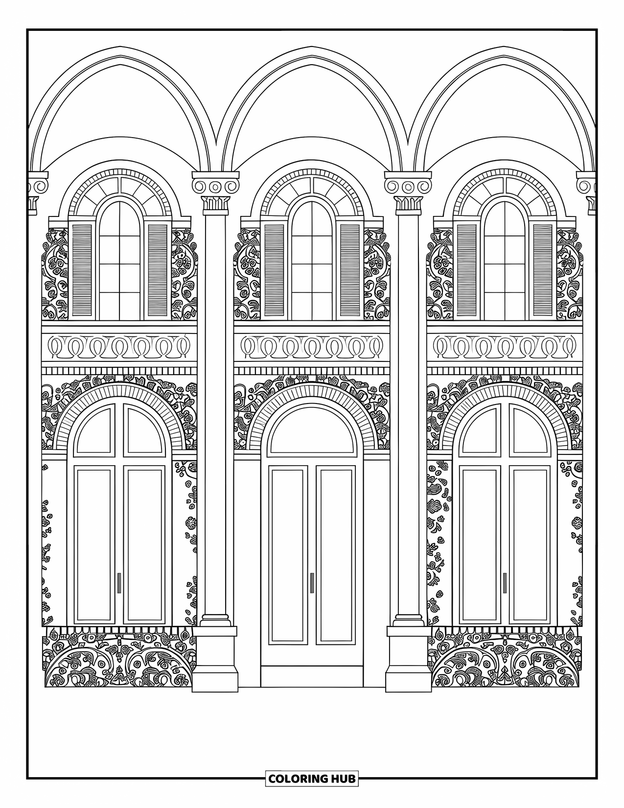 Wedding Coloring Page for Adults: Wedding venue with ivy, stonework, and swirling floral patterns around tall windows