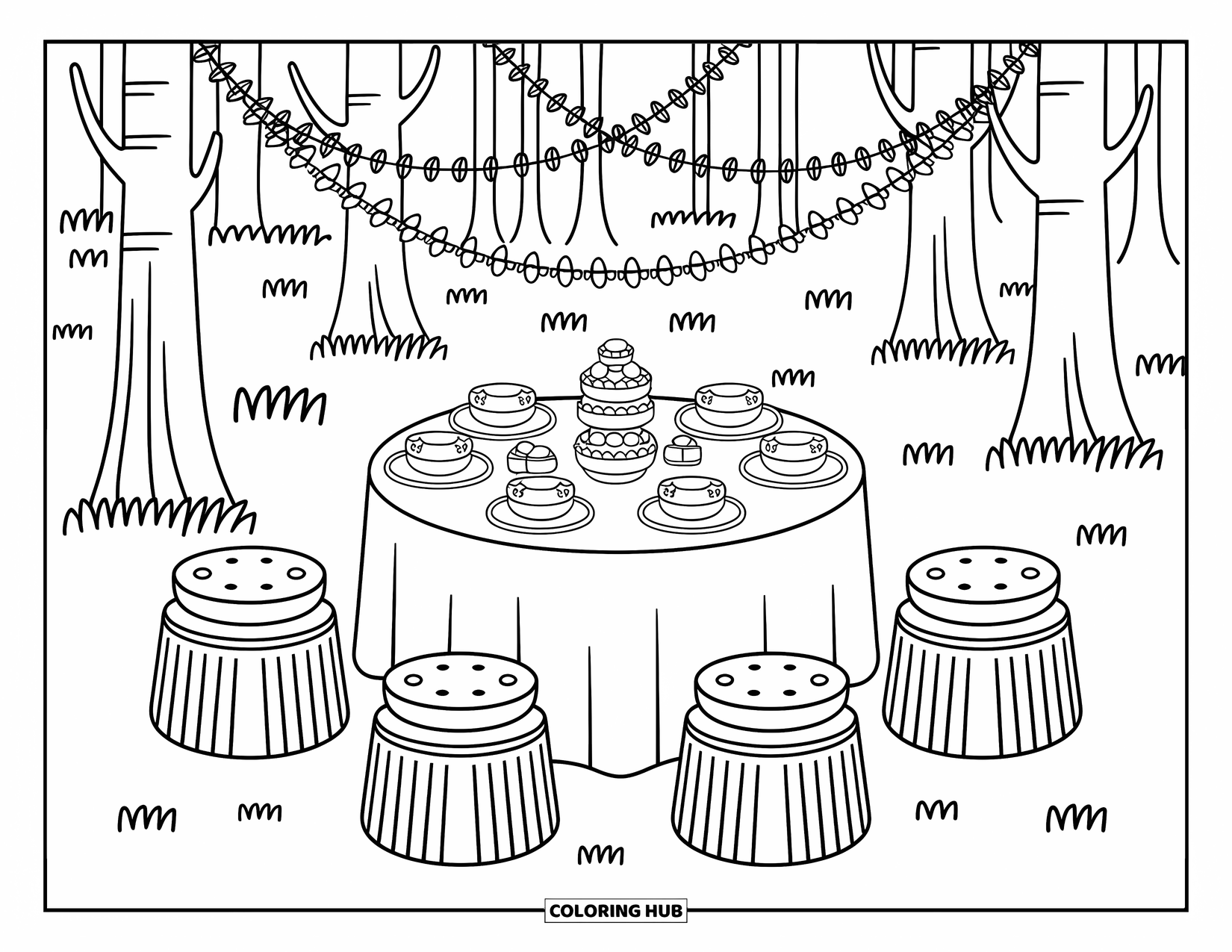 Wedding Coloring Page for Adults: Woodland tea party scene with tiny treats, log stools, and leafy bunting above