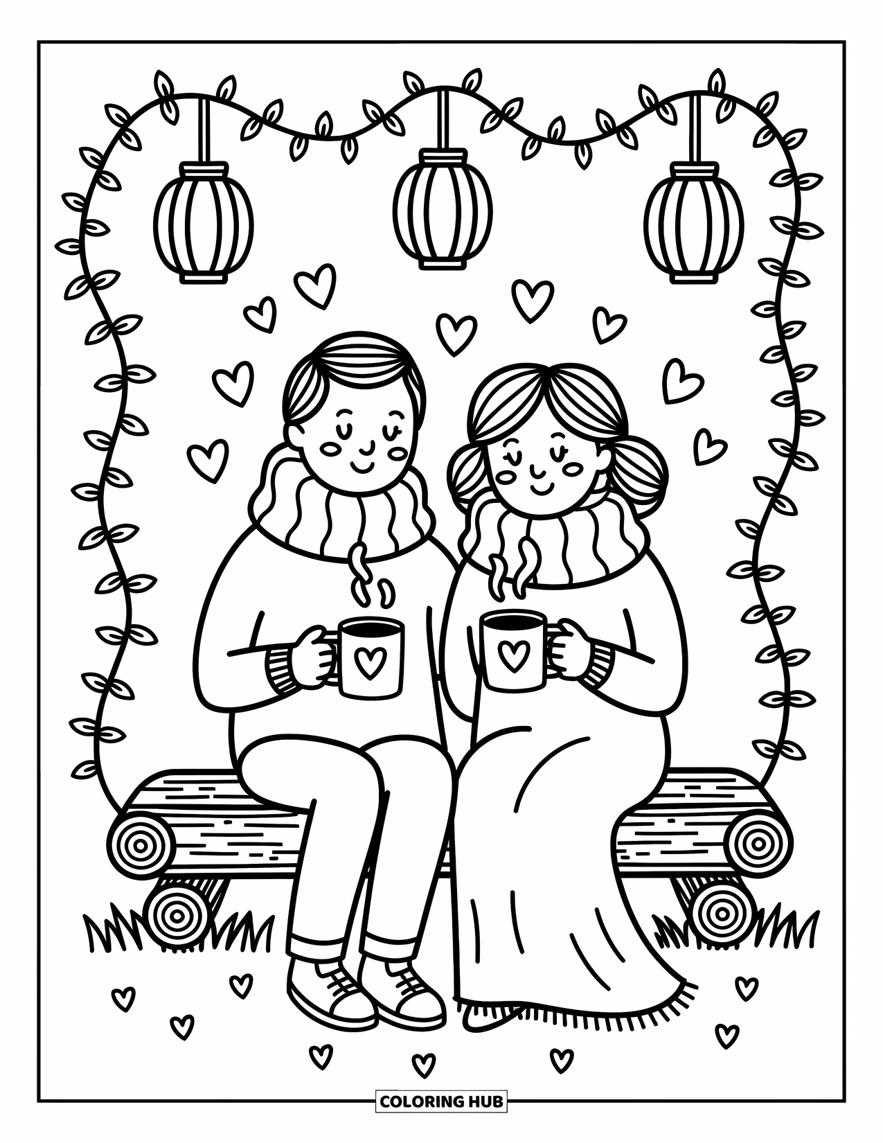 Wedding Coloring Page for Adults: Wrapped in a scarf, the couple shares warm mugs under lanterns and ivy trails