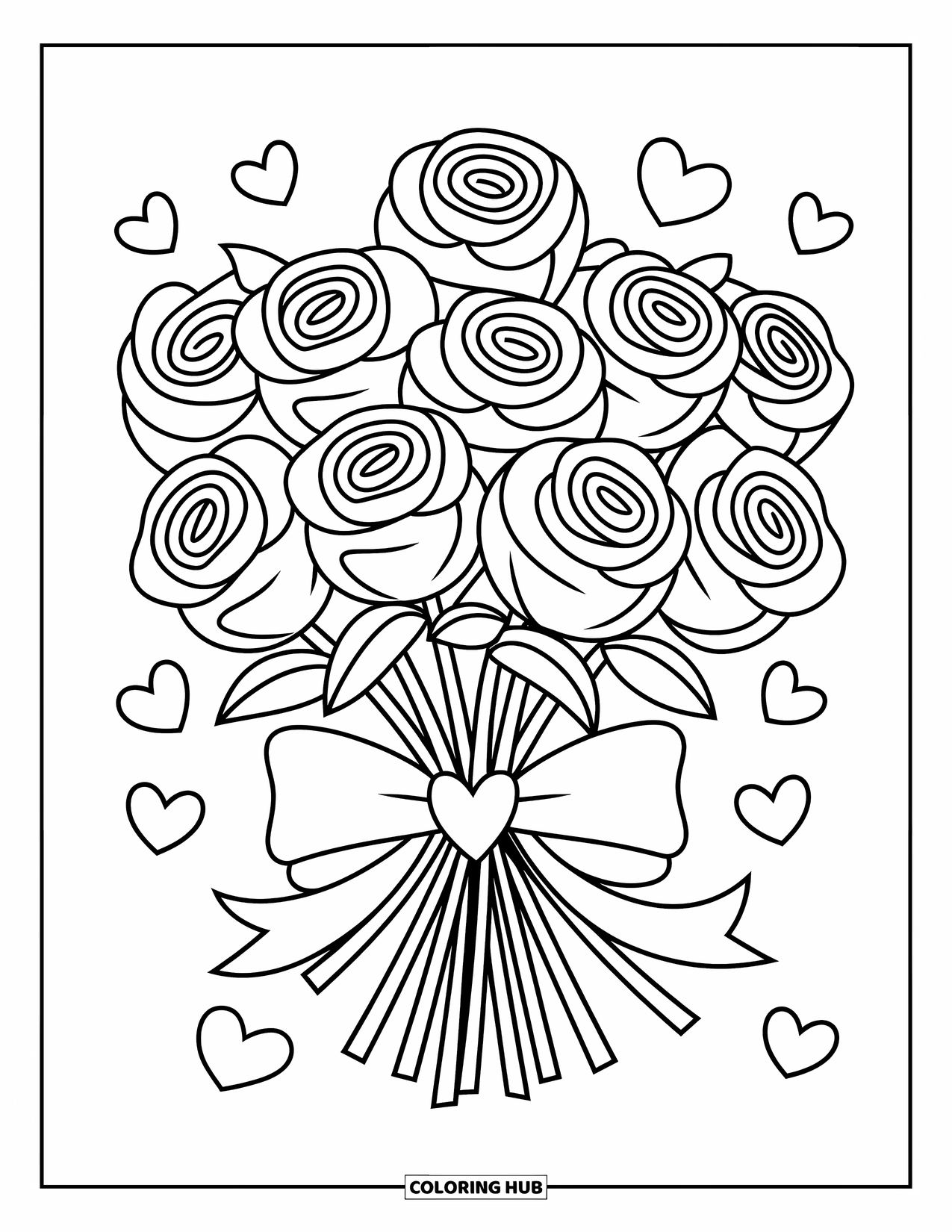 Wedding Coloring Page for Kids: Big bouquet of roses wrapped in heart-covered ribbons