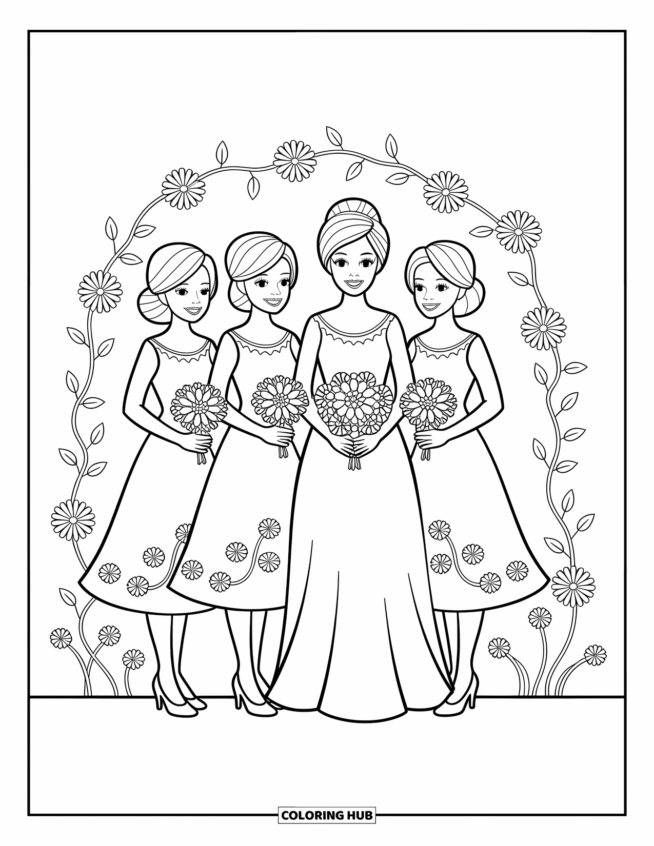 Wedding Coloring Page for Kids: Bride and bridesmaids pose with bouquets surrounded by swirling flowers and vines