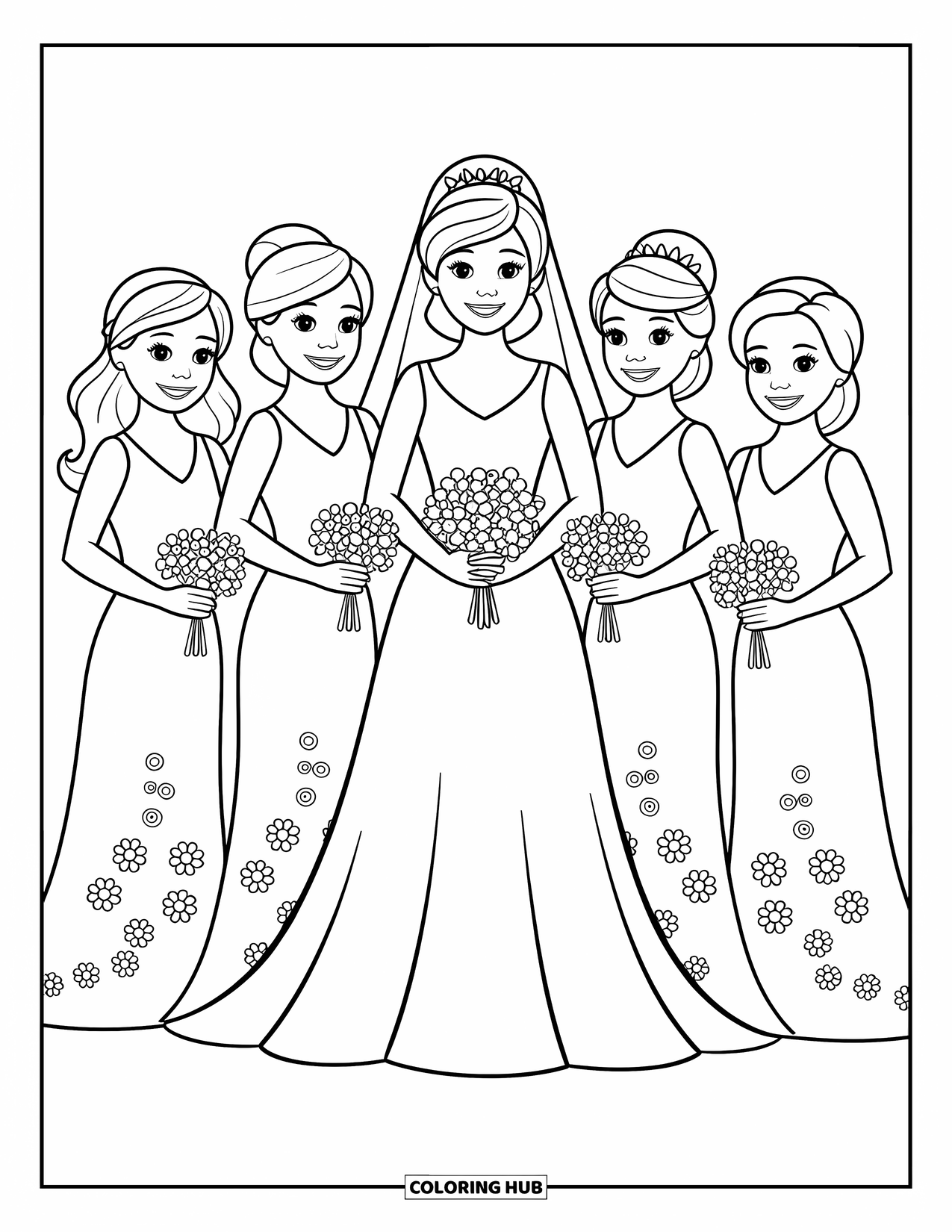 Wedding Coloring Page for Kids: Bride and bridesmaids stand together holding pretty bouquets and wearing elegant dresses