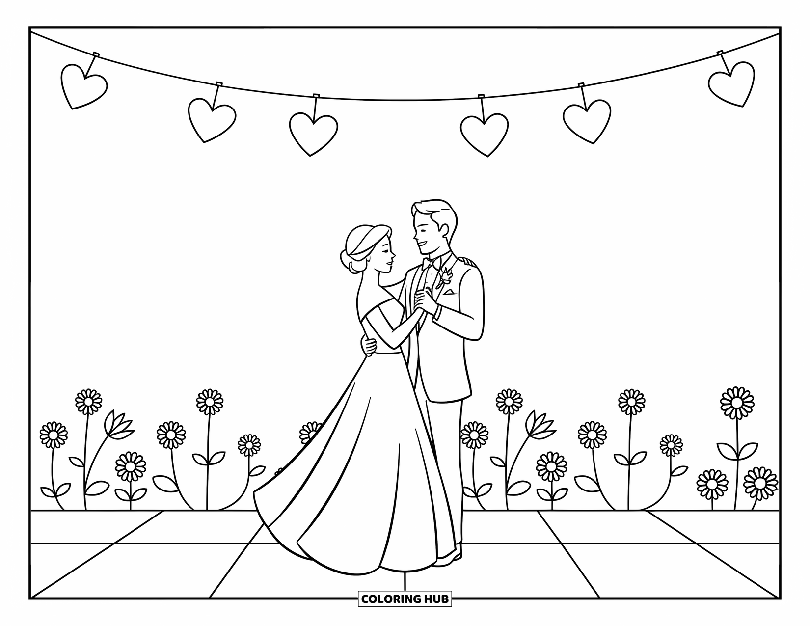Wedding Coloring Page for Kids: Bride and groom dance under hanging hearts with flowers and vines nearby