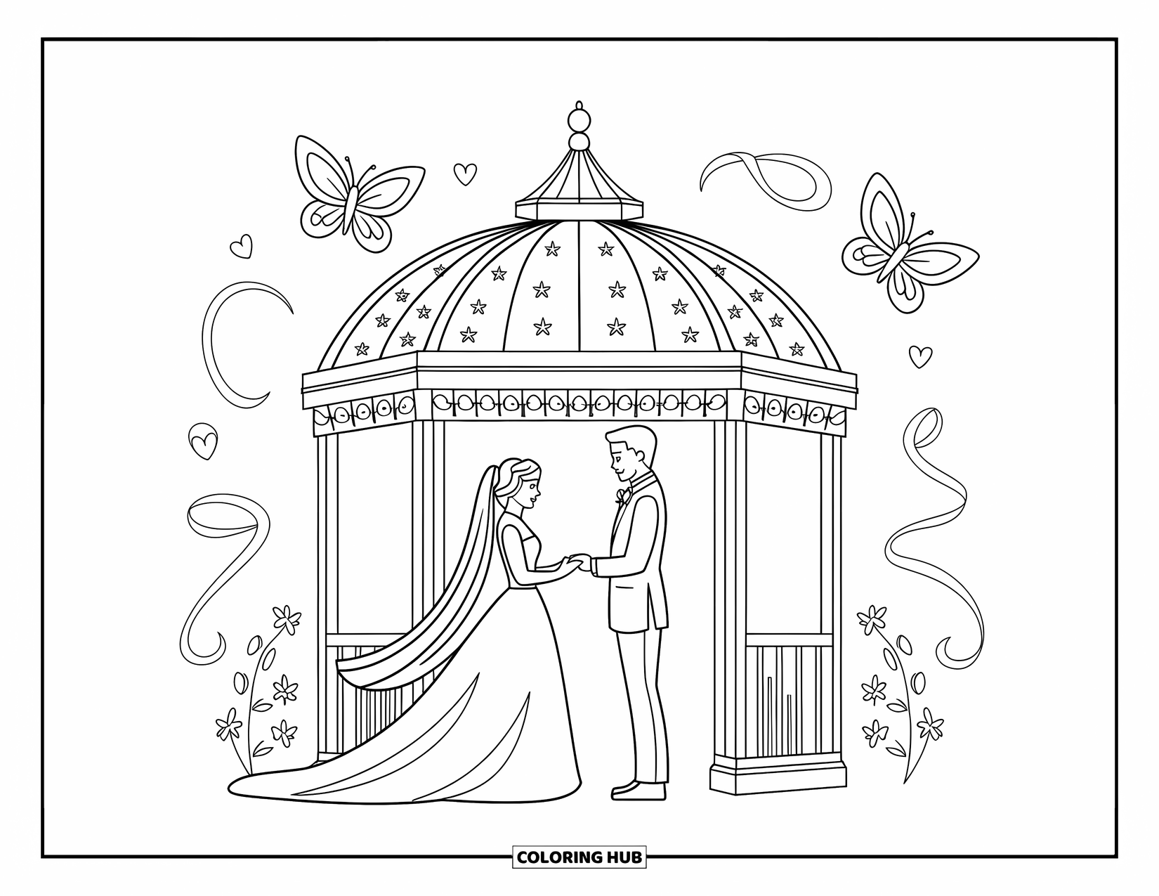 Wedding Coloring Page for Kids: Bride and groom smile under a floral gazebo with butterflies and flowing ribbons