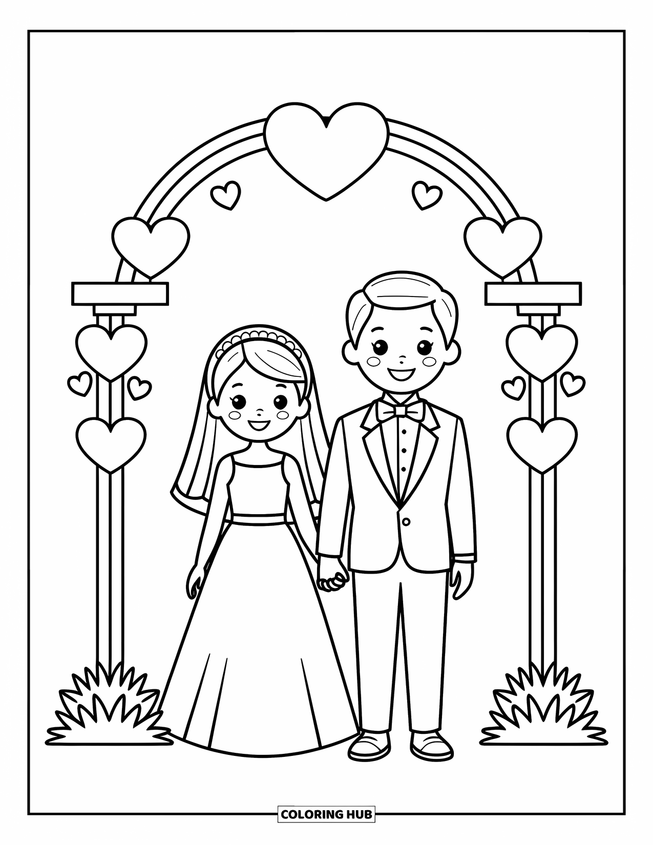 Wedding Coloring Page for Kids: Bride and groom stand under a heart-covered wedding arch, smiling brightly