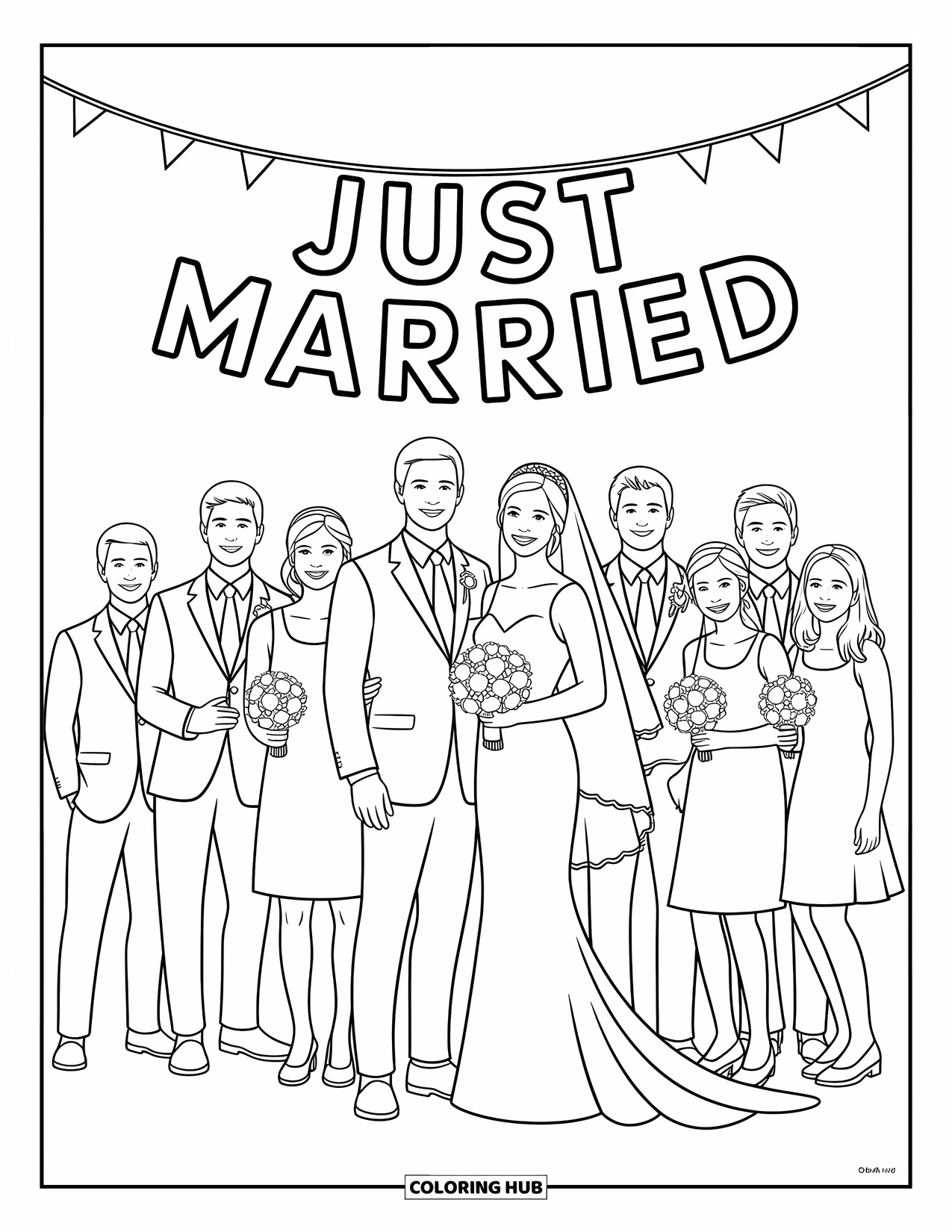 Wedding Coloring Page for Kids: Bride and groom stand with bridesmaids and groomsmen beneath a happy banner