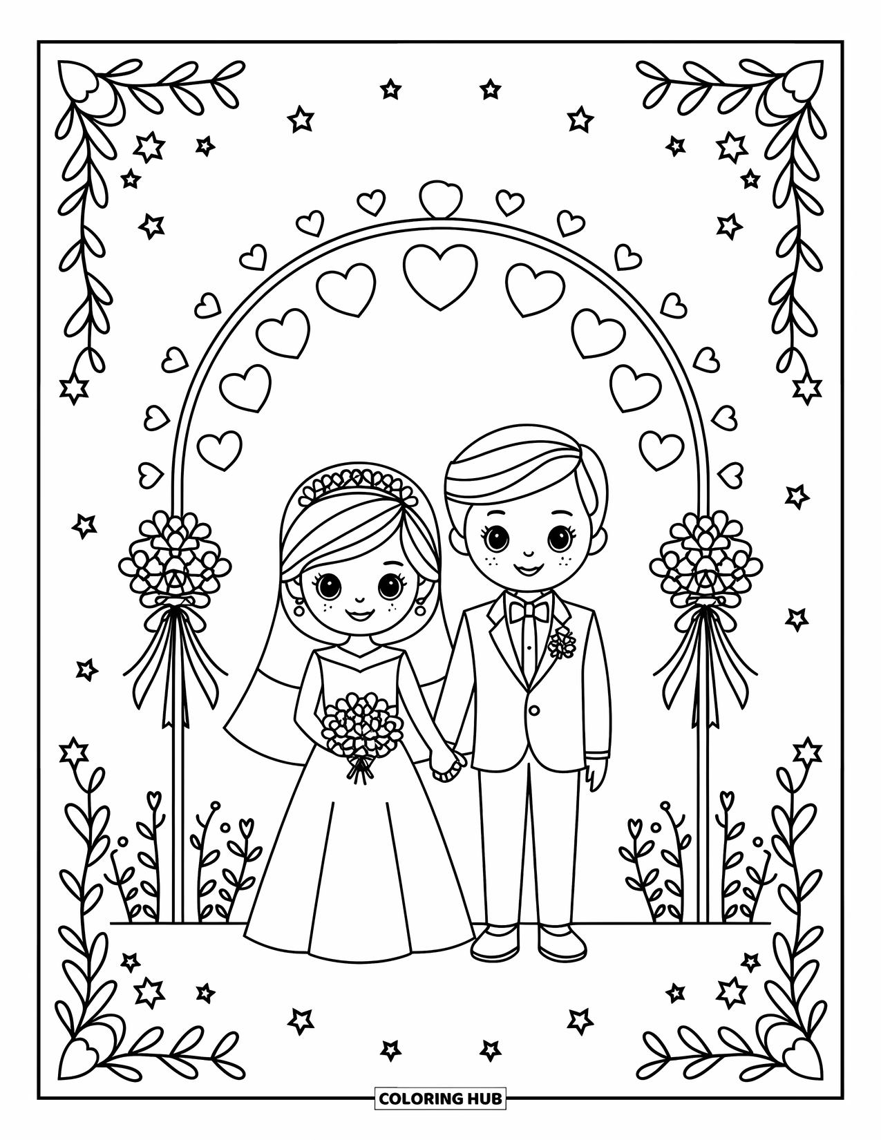 Wedding Coloring Page for Kids: Bride and groom under a heart-decorated arch with stars and flowers around