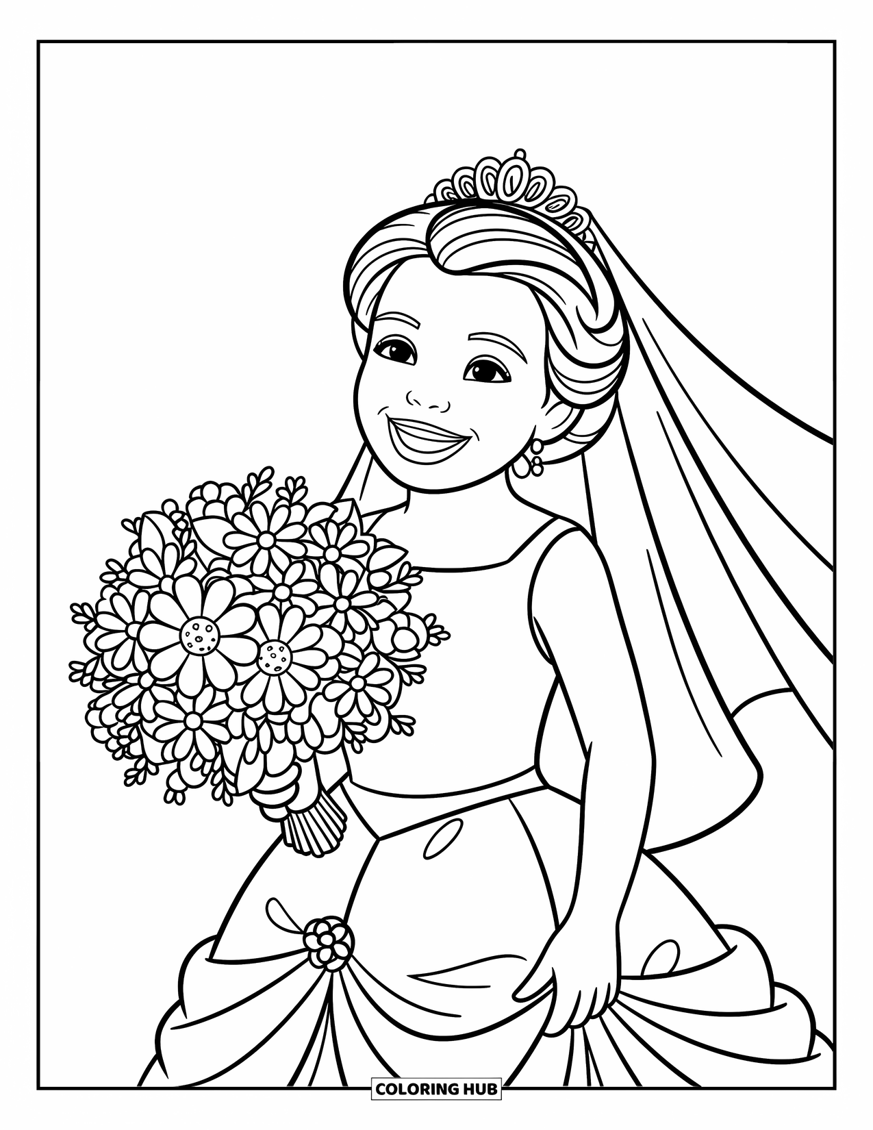 Wedding Coloring Page for Kids: Bride beams with joy, holding a big, blooming bouquet