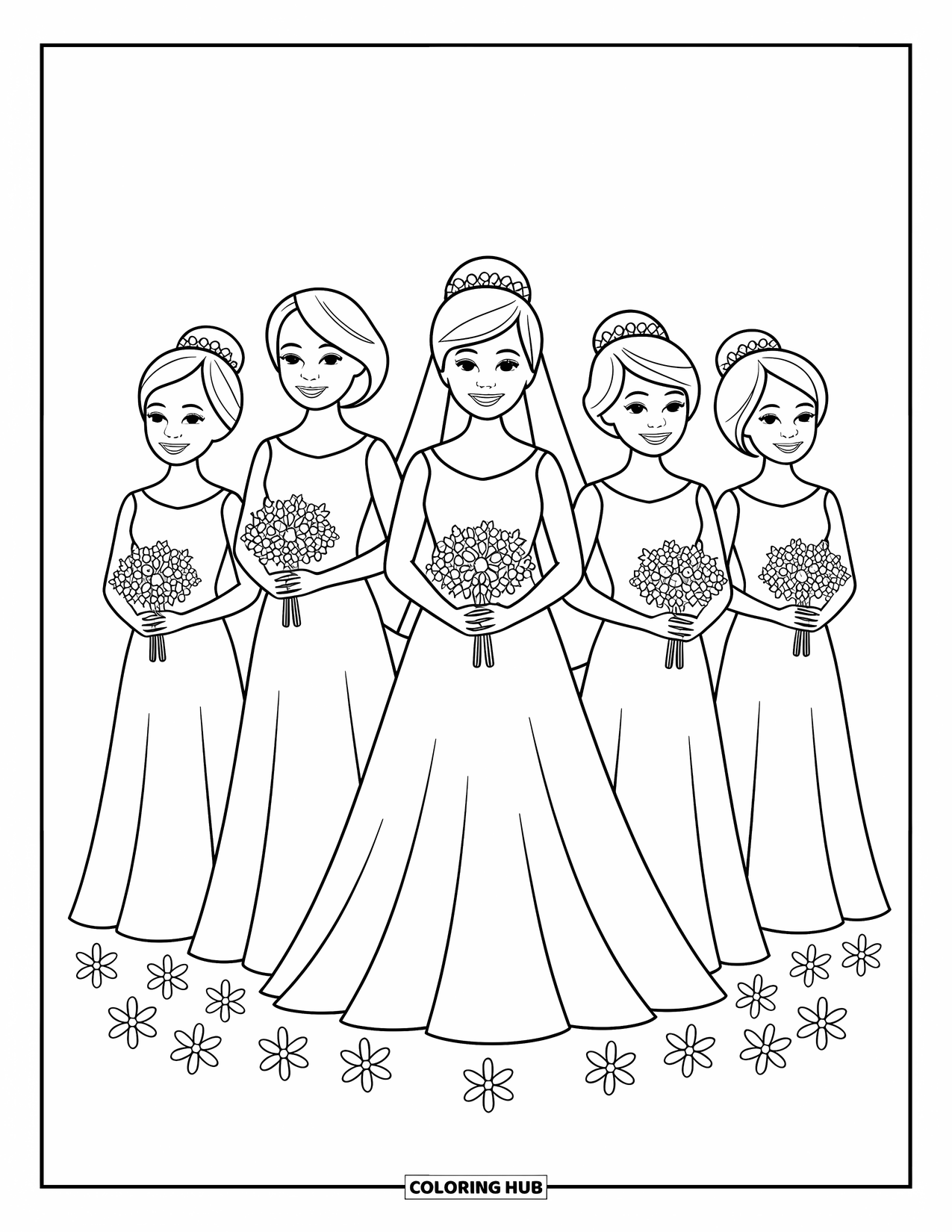 Wedding Coloring Page for Kids: Bride poses with four bridesmaids, all smiling and holding dainty floral bouquets
