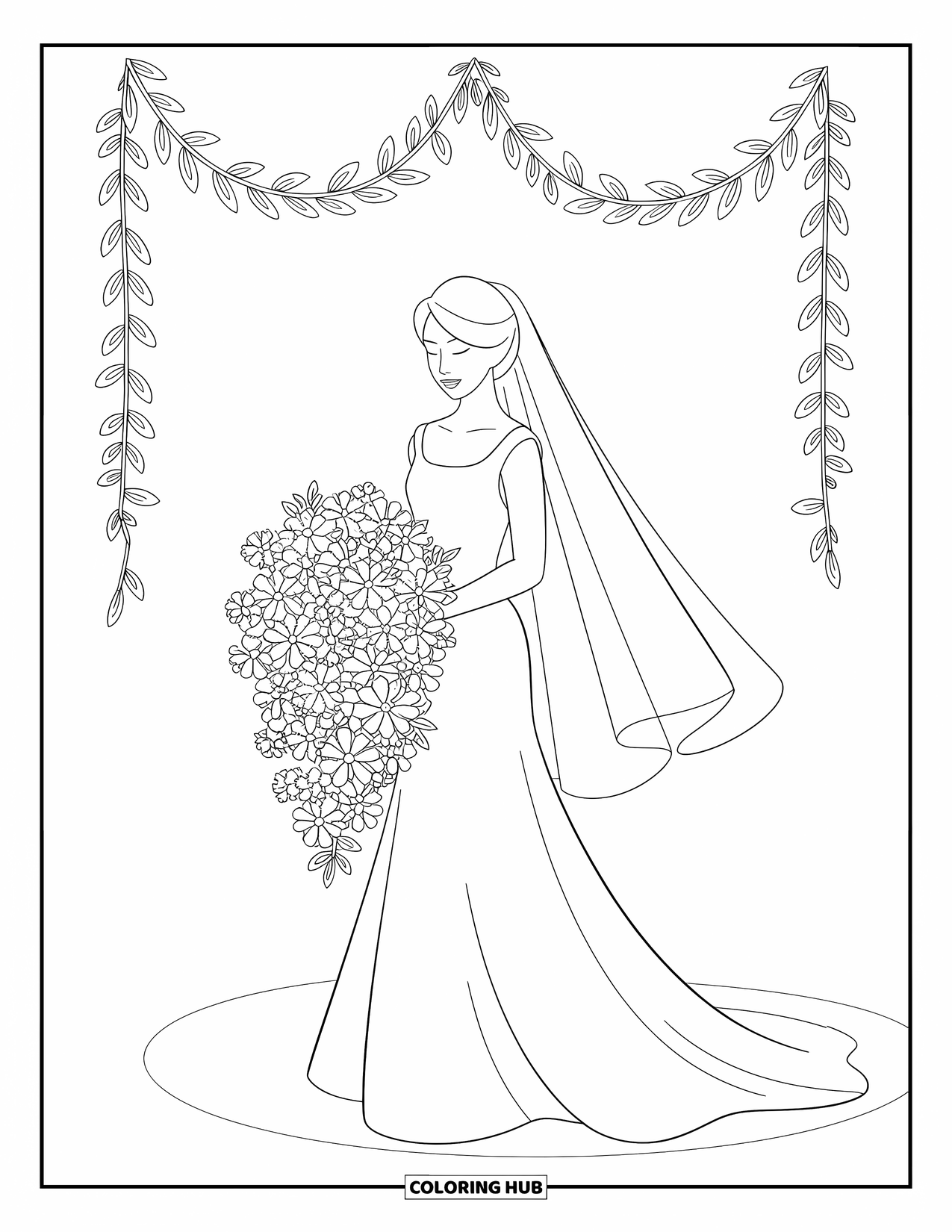 Wedding Coloring Page for Kids: Bride stands under a garland holding a bouquet of cascading flowers