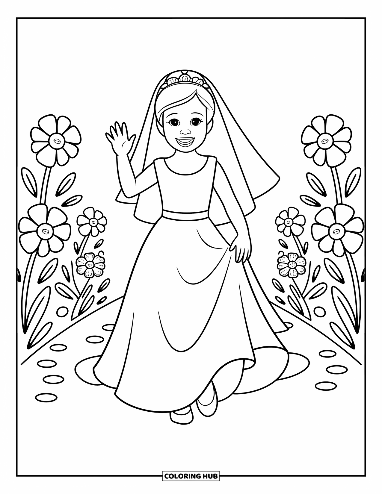 Wedding Coloring Page for Kids: Bride waves happily while walking along a flower-lined path