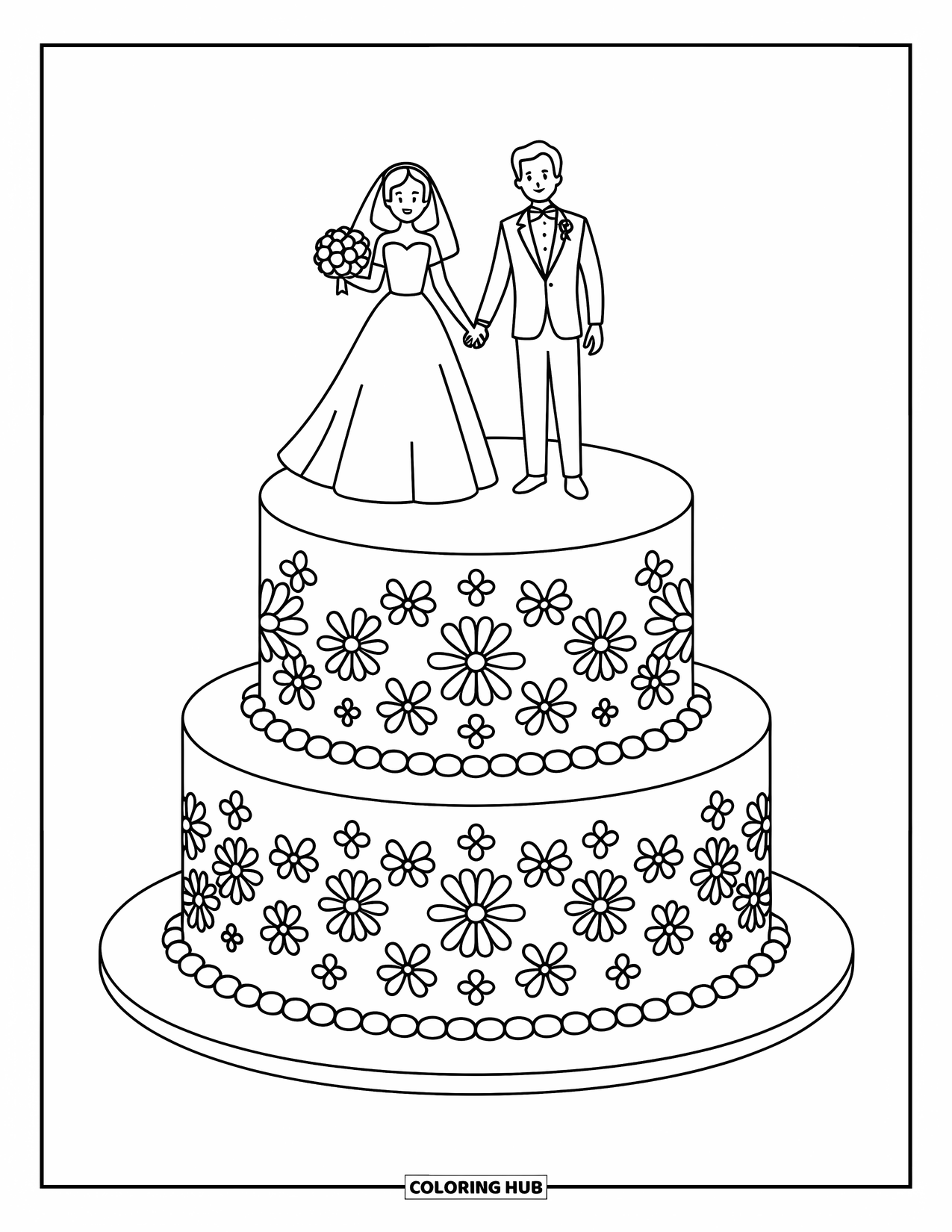 Wedding Coloring Page for Kids: Cake with floral design and bride and groom topper surrounded by tiny stars