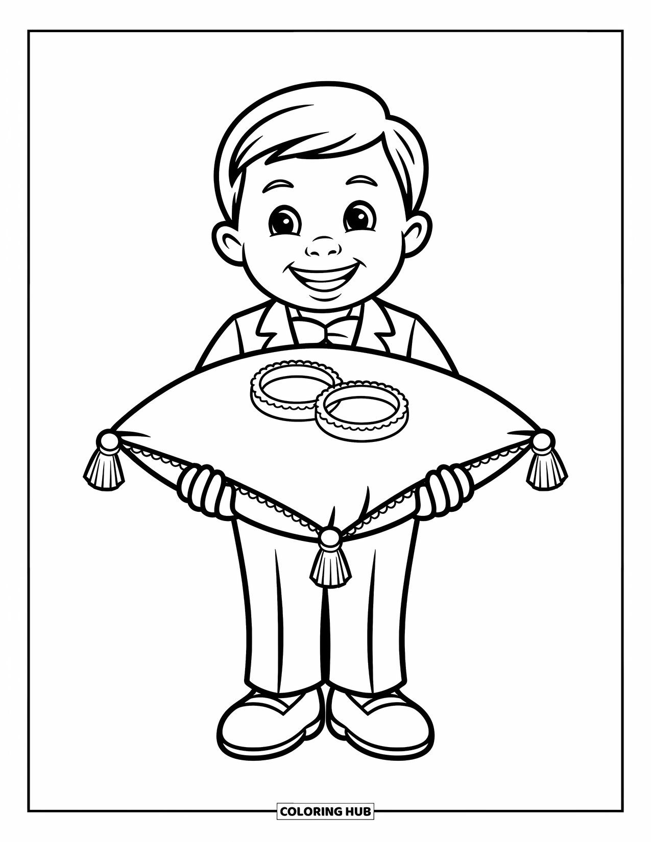 Wedding Coloring Page for Kids: Cheerful chapel with a heart and bell, glowing under a bright sky