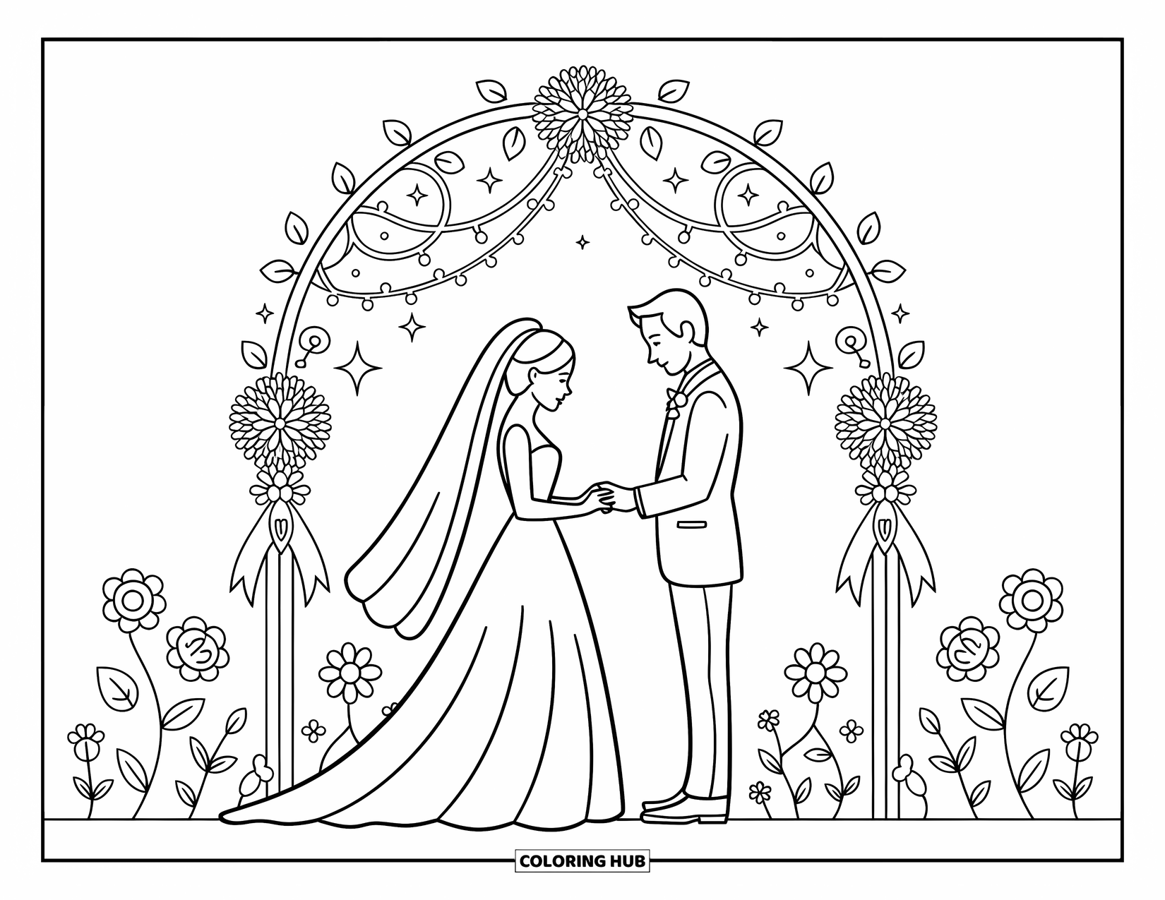 Wedding Coloring Page for Kids: Couple exchanges rings under a flower-filled arch with fairy lights above
