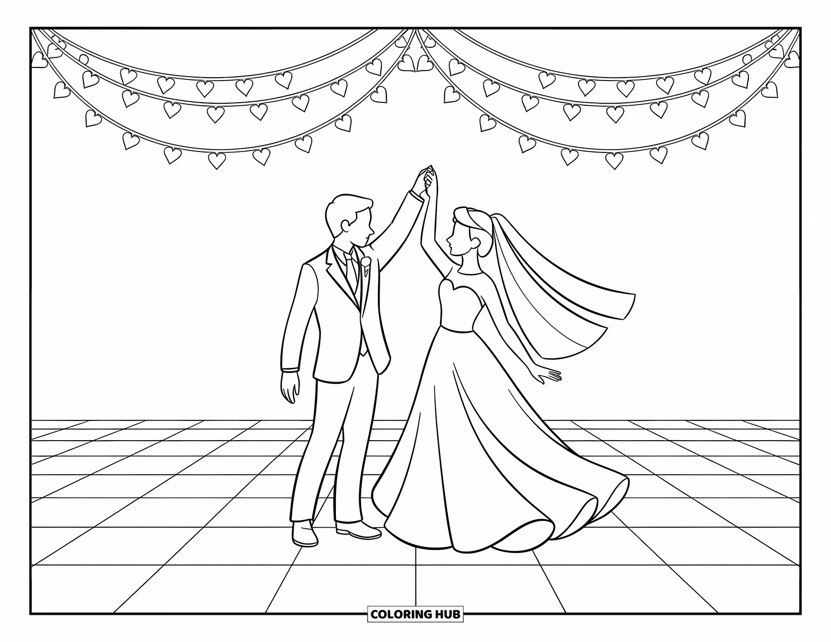 Wedding Coloring Page for Kids: Couple twirls beneath heart garlands on a joyful wedding dance floor