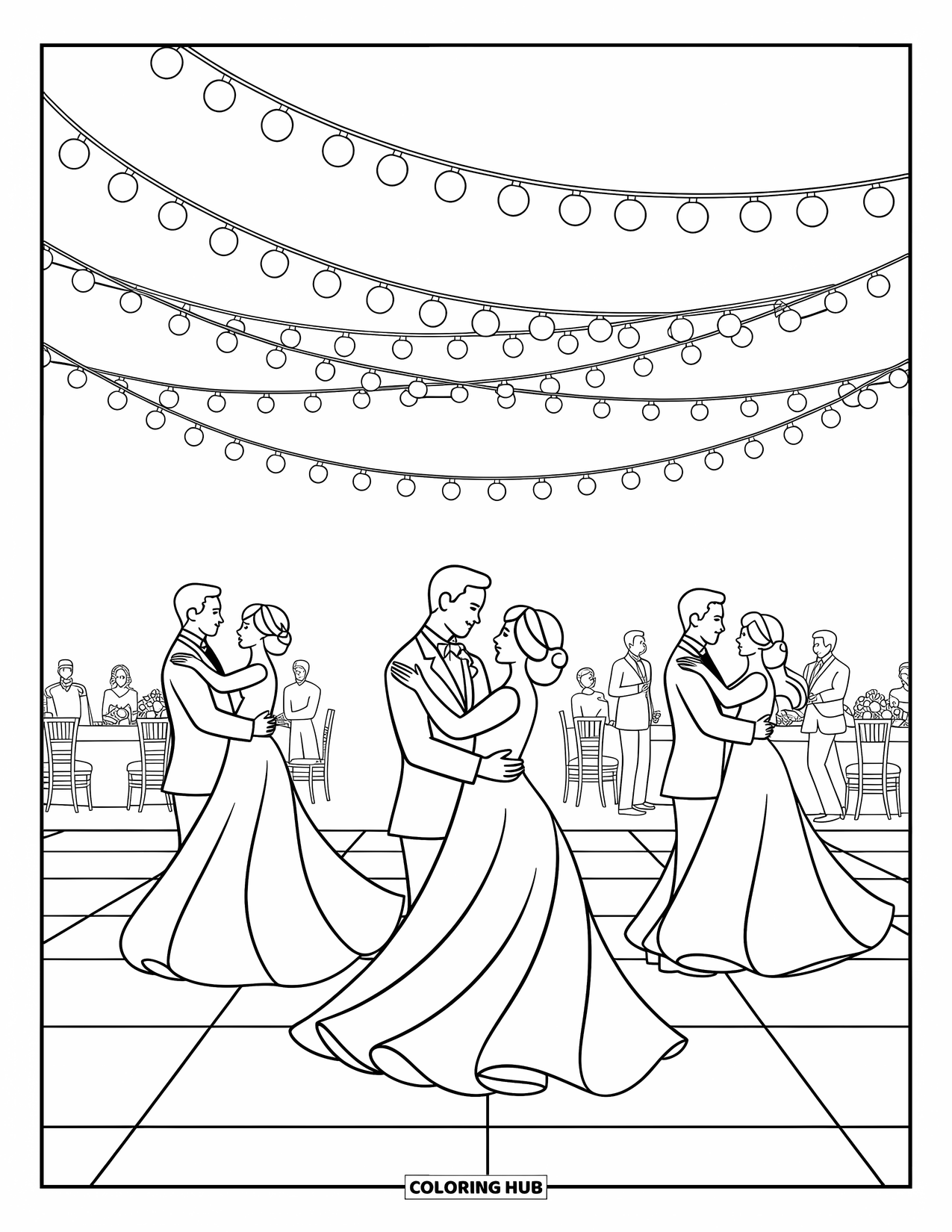 Wedding Coloring Page for Kids: Couples dance beneath fairy lights on a joyful wedding reception floor