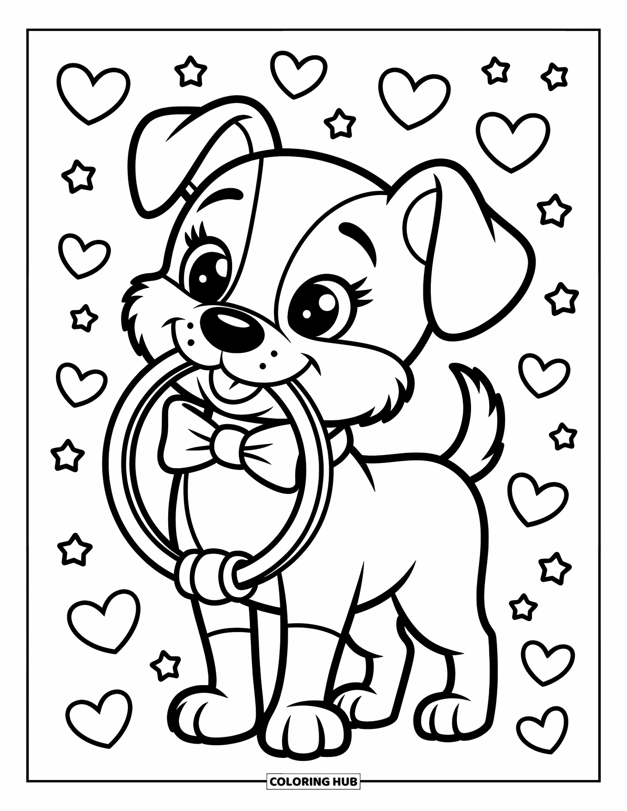 Wedding Coloring Page for Kids: Dog with a bow tie carries a ring surrounded by hearts and stars