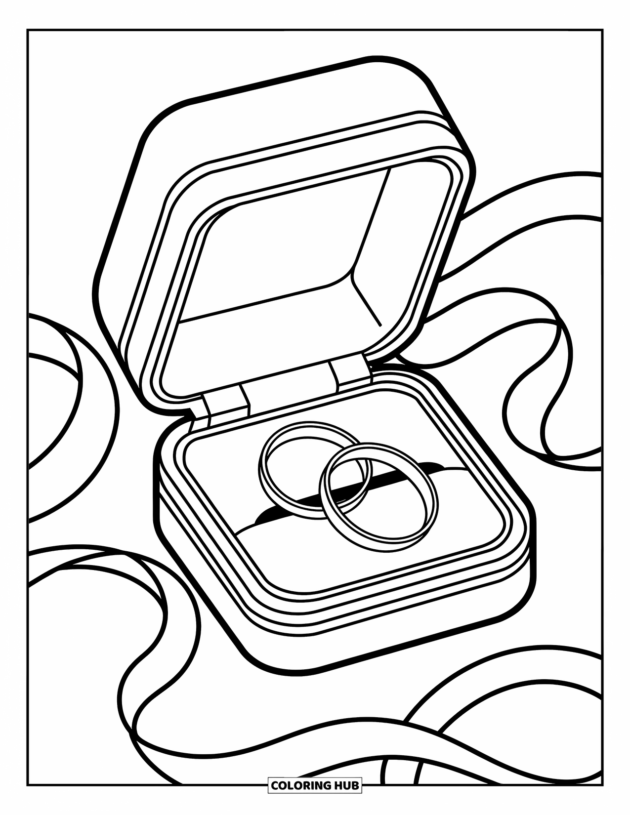 Wedding Coloring Page for Kids: Elegant rings rest in a ribboned box with modern, bold-lined design