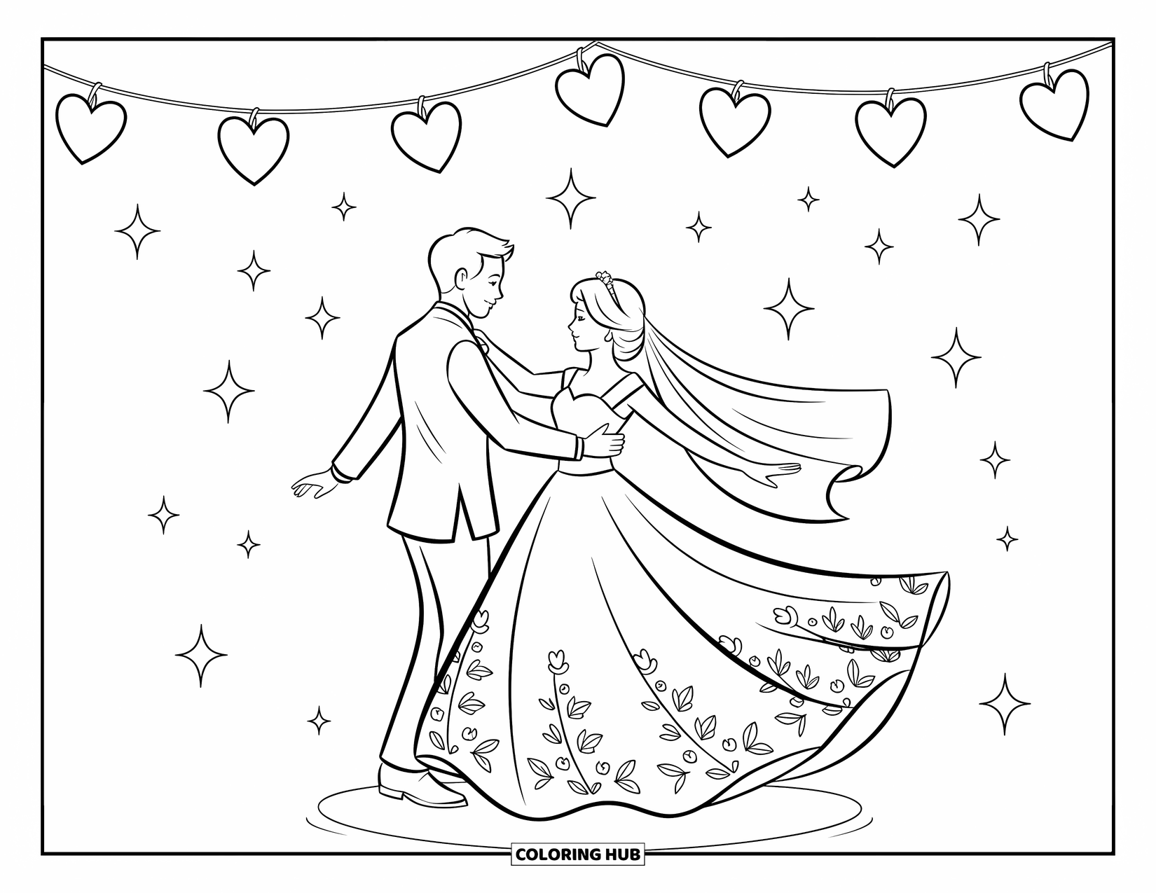 Wedding Coloring Page for Kids: First dance moment with hanging hearts, stars, and playful floral touches