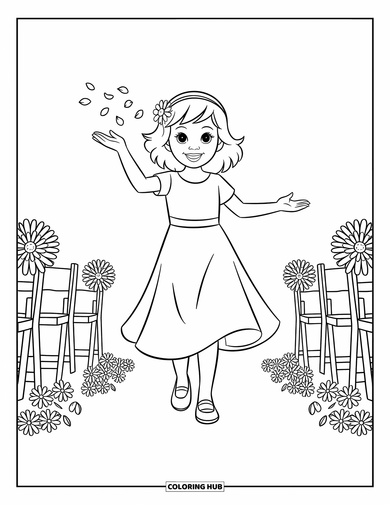 Wedding Coloring Page for Kids: Flower girl in a fluttery dress throws petals with a big smile
