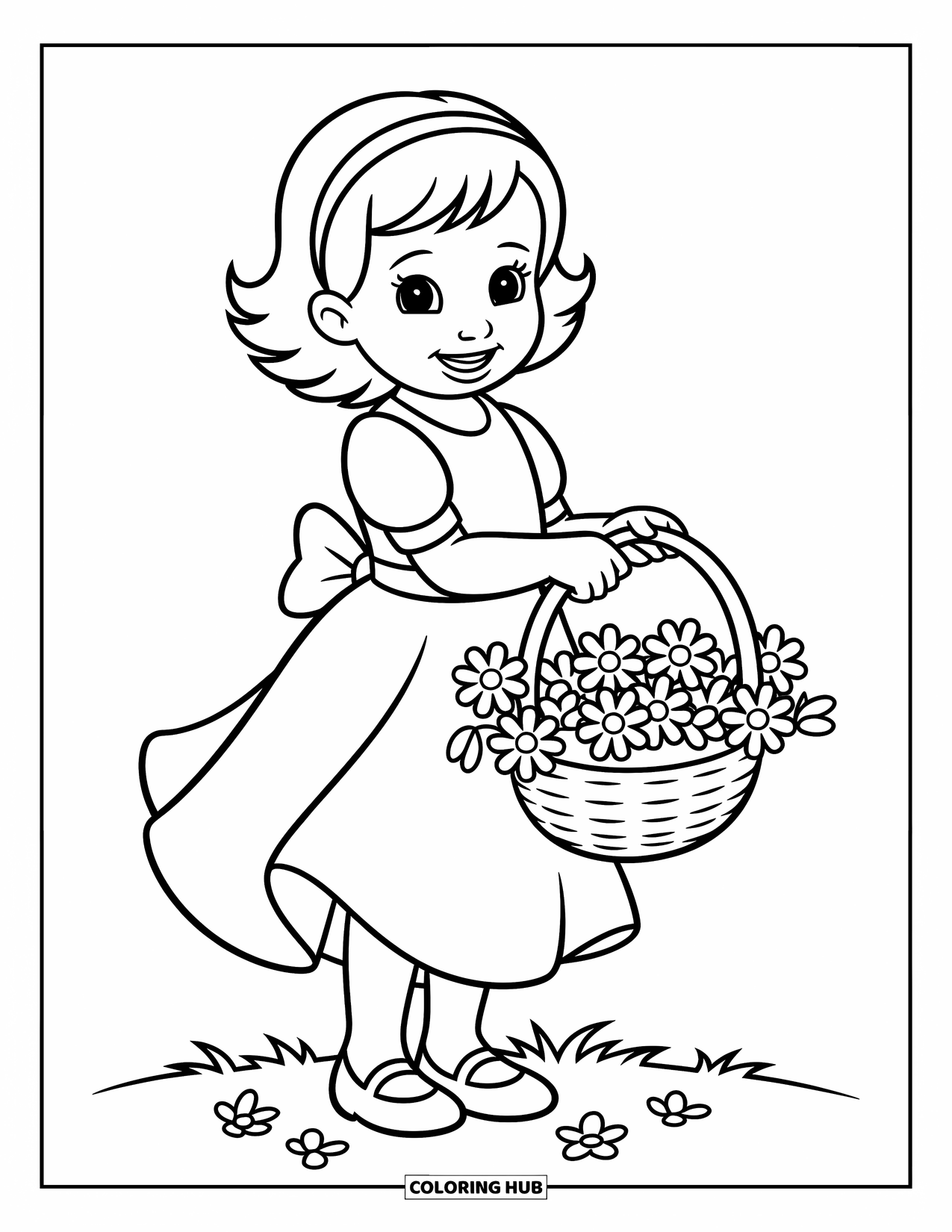 Wedding Coloring Page for Kids: Flower girl smiles sweetly while holding a basket full of petals