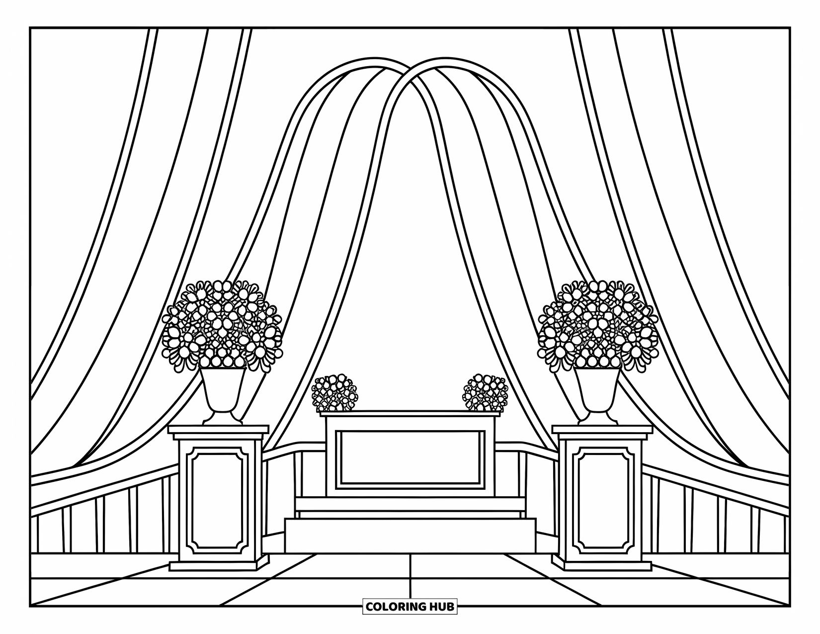 Wedding Coloring Page for Kids: Flower stands and an arch frame a cheerful wedding altar scene
