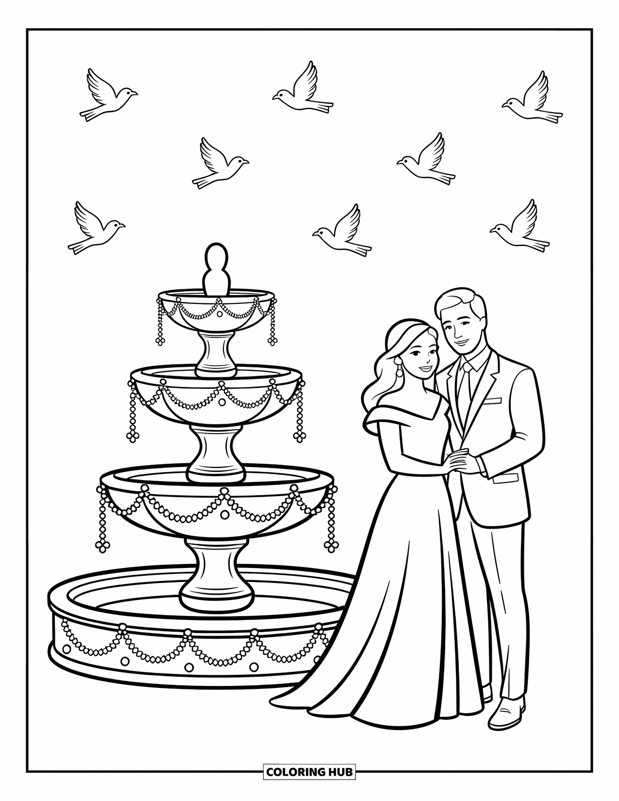 Wedding Coloring Page for Kids: Graceful couple by a fountain with fluttering birds and leafy garlands