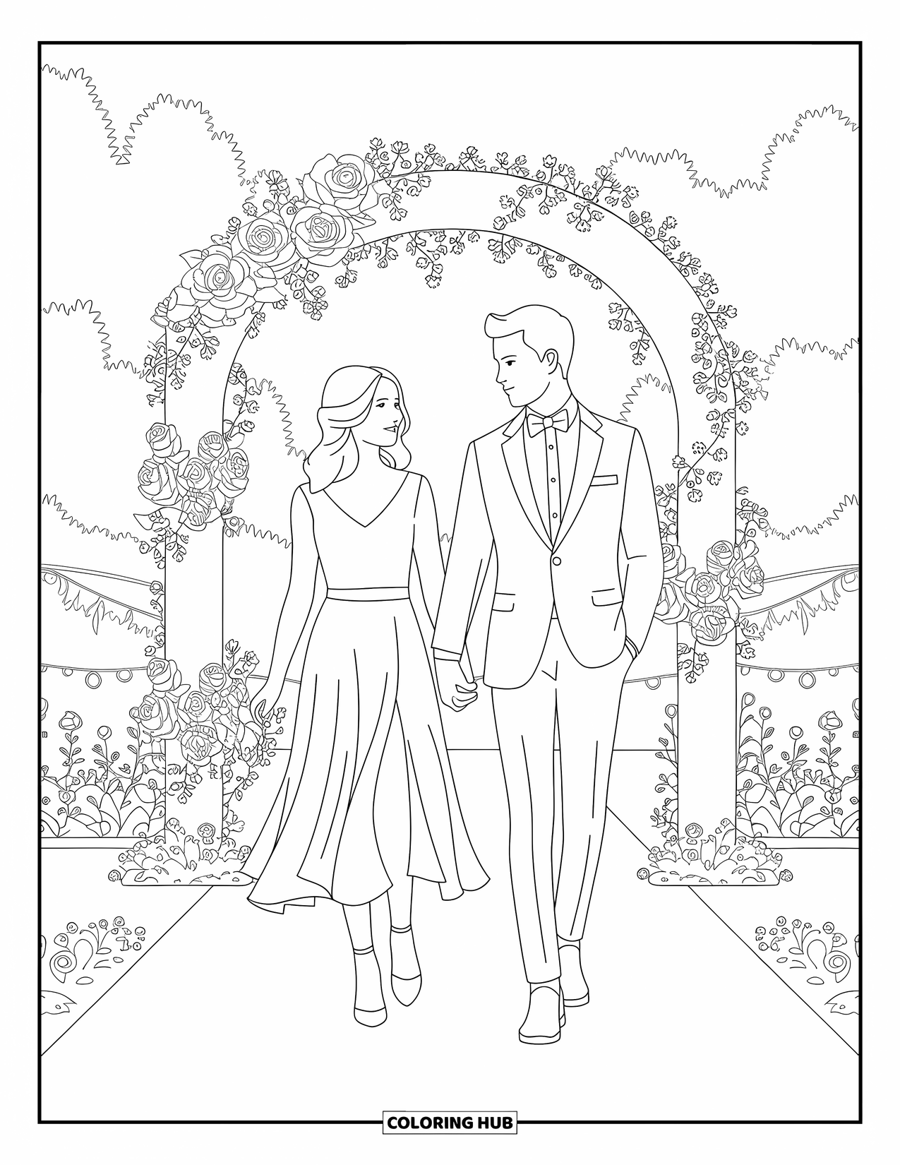 Wedding Coloring Page for Kids: Hand-in-hand, the couple walks under an arch of roses and fairy lights