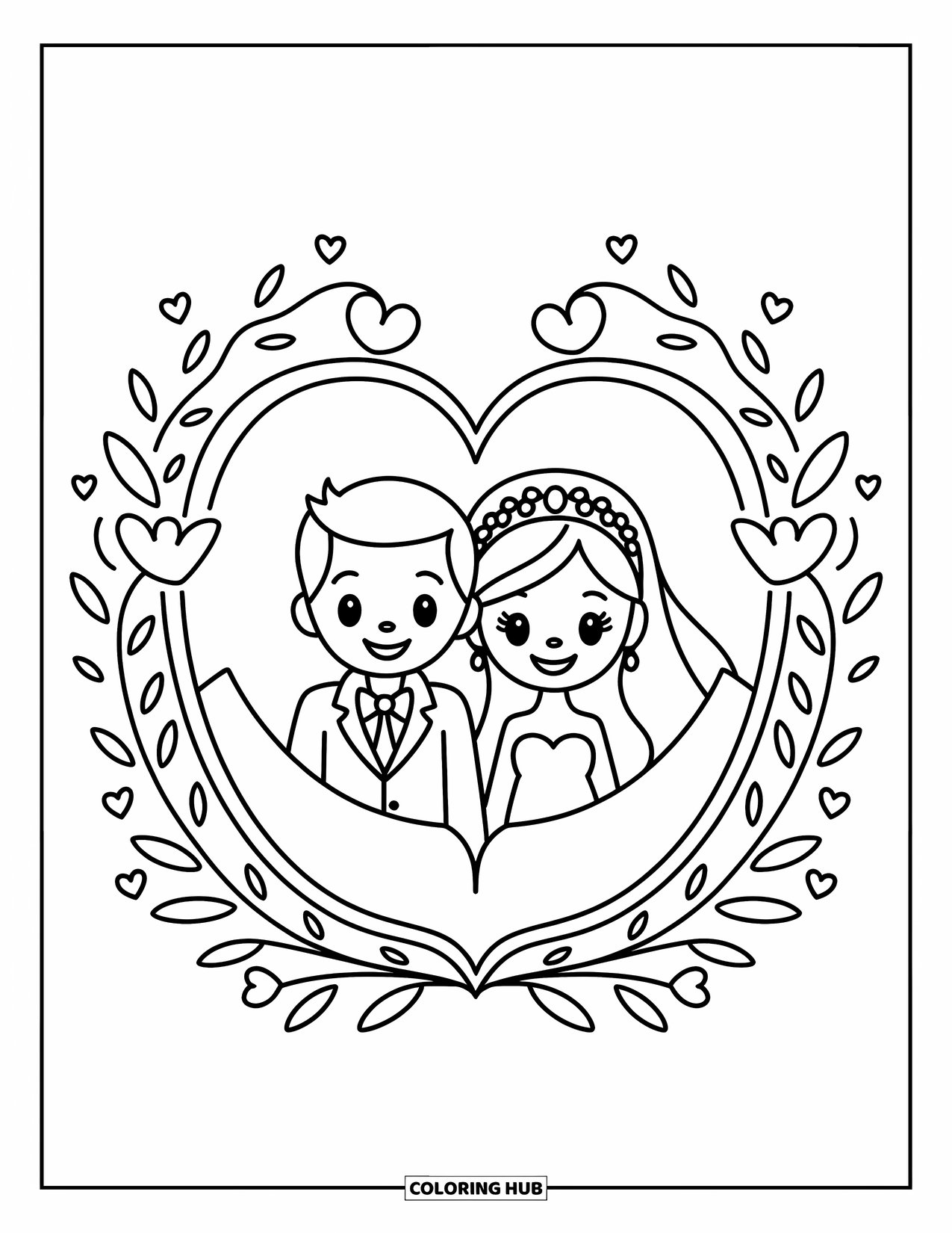 Wedding Coloring Page for Kids: Happy couple on a wedding invite surrounded by swirls, hearts, and flowers