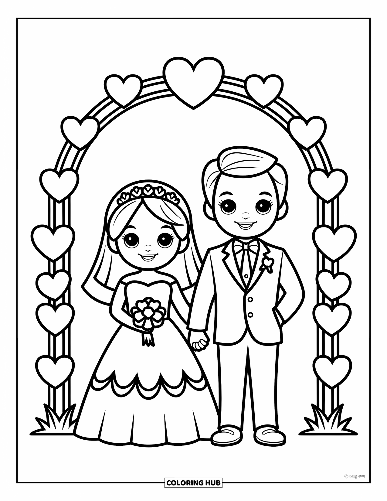 Wedding Coloring Page for Kids: Happy couple stands beneath a wedding arch filled with hearts and joy