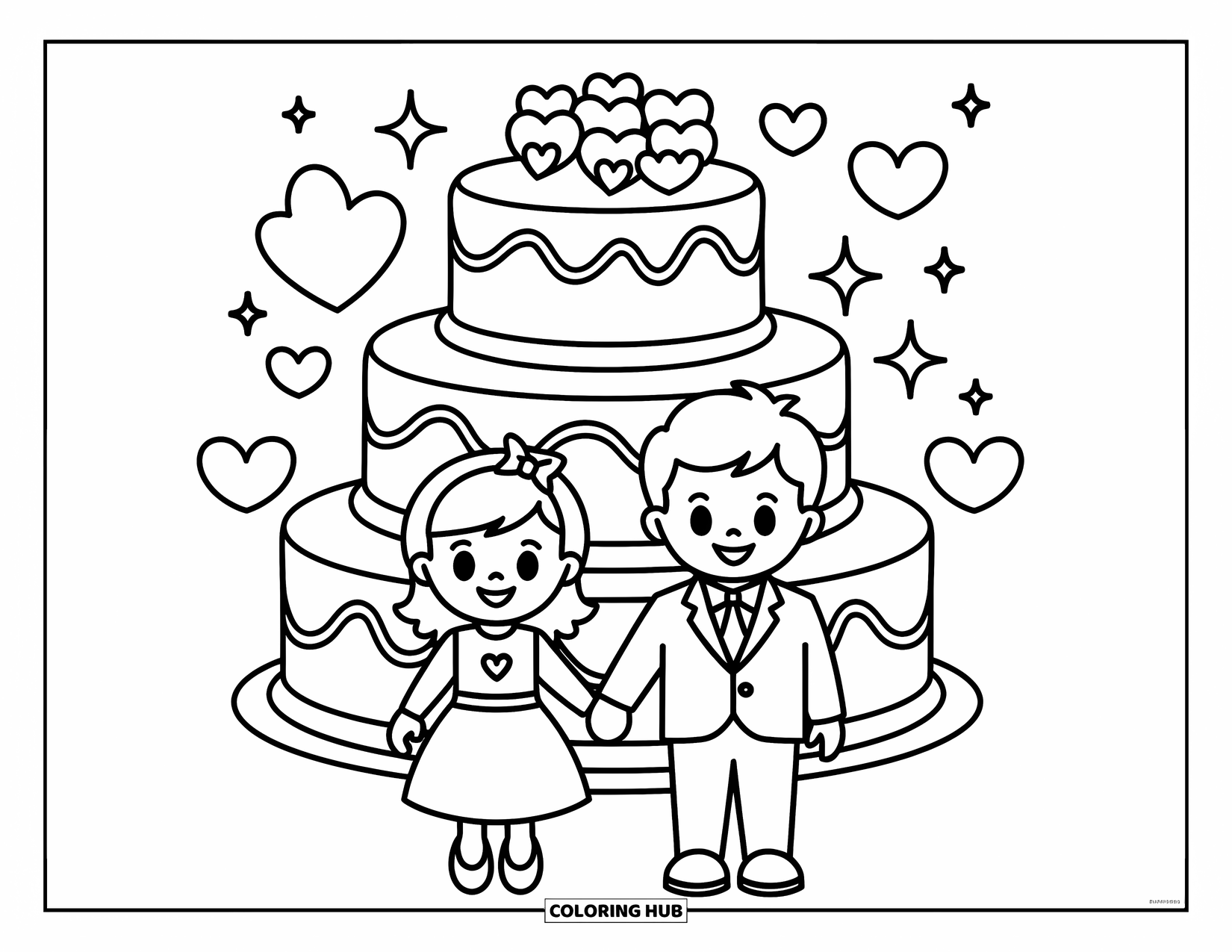 Wedding Coloring Page for Kids: Happy couple stands together with a cake and floating sparkles