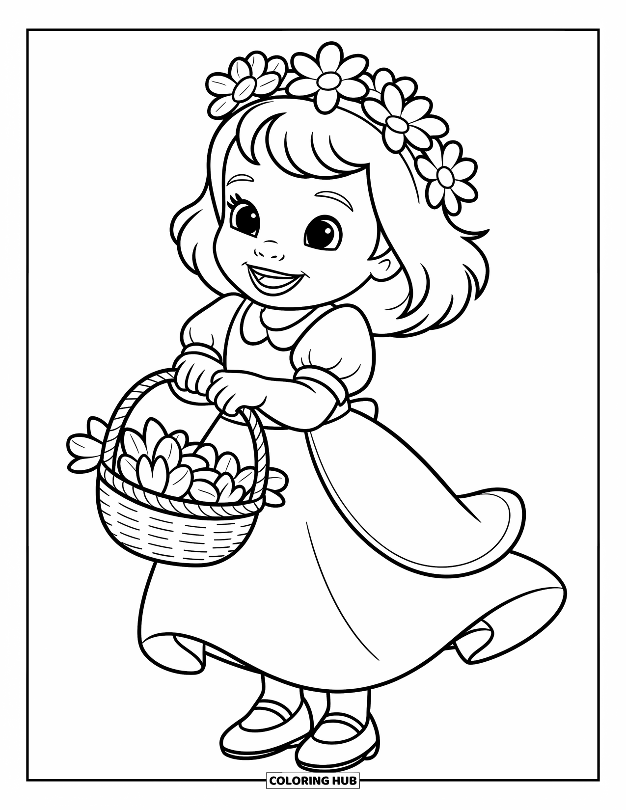 Wedding Coloring Page for Kids: Happy flower girl holds petals, surrounded by tiny flowers and hearts