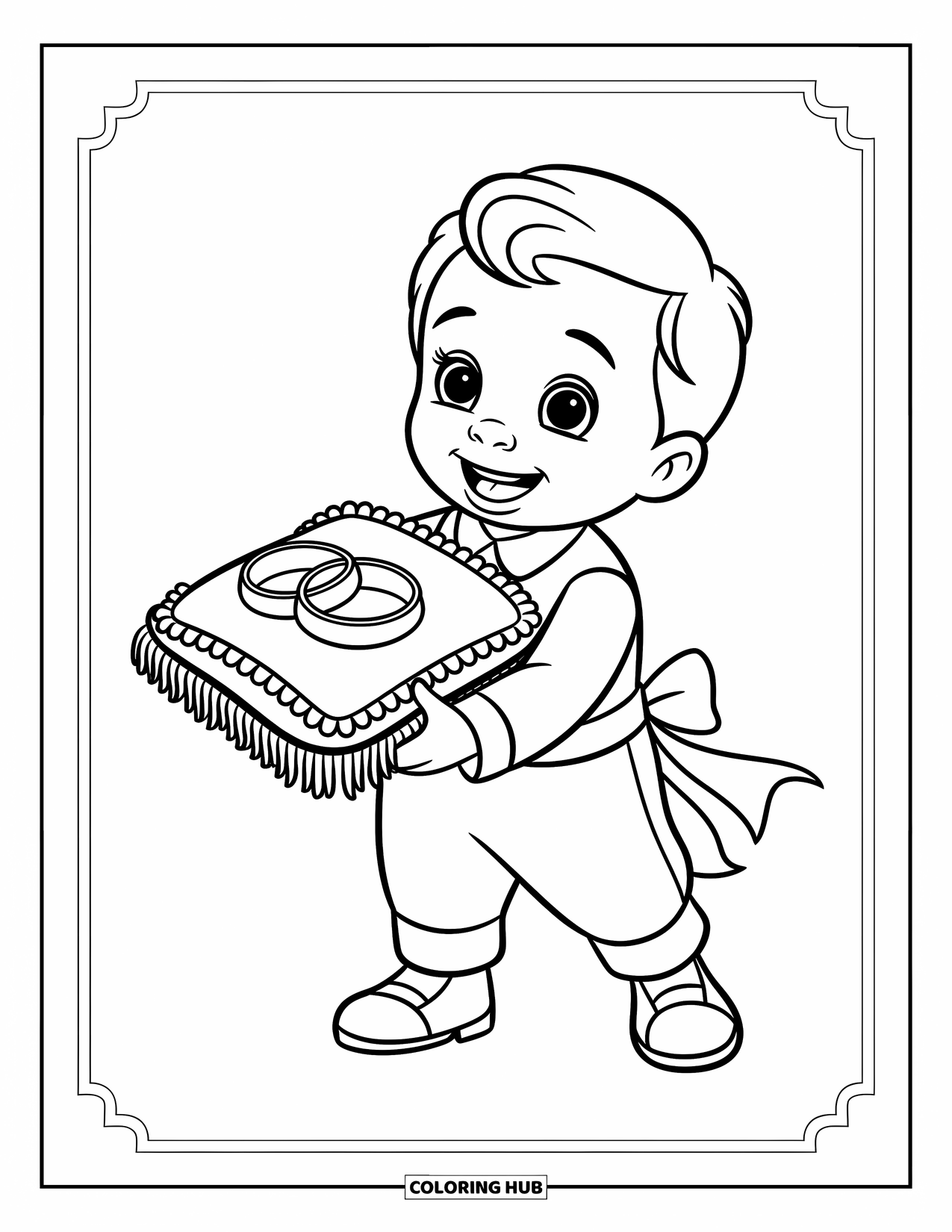 Wedding Coloring Page for Kids: Happy ring bearer carries rings on a soft pillow