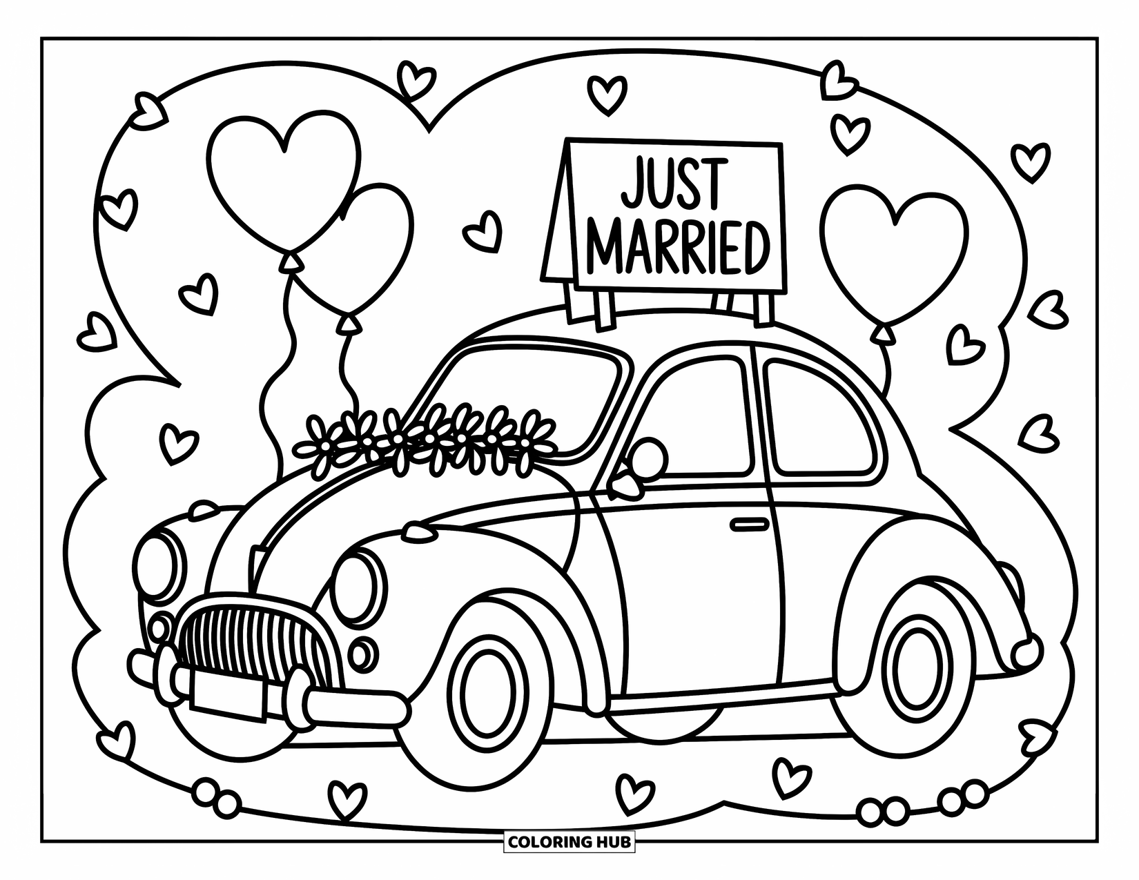 Wedding Coloring Page for Kids: Hearts and sparkles float as a couple stands by their wedding cake