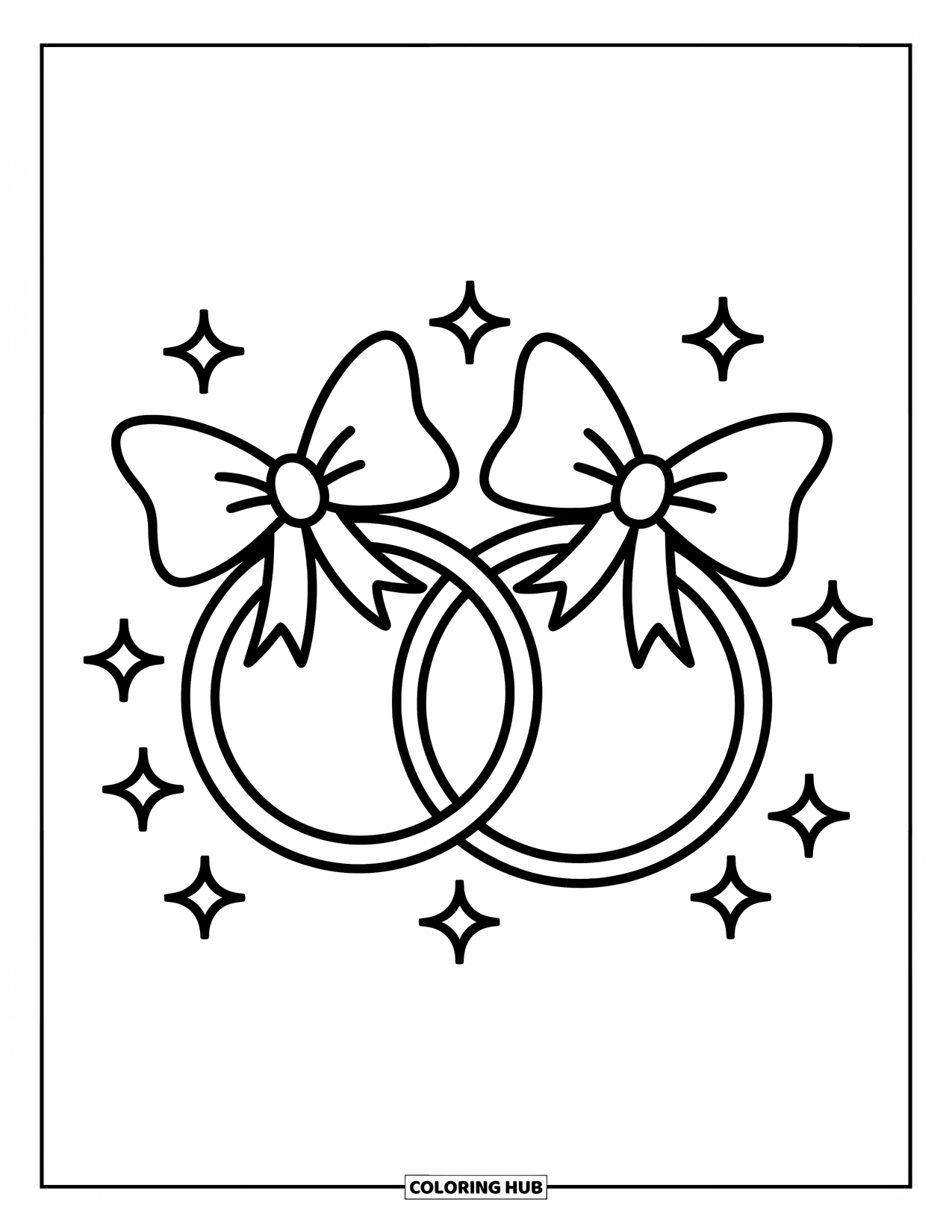 Wedding Coloring Page for Kids: Intertwined rings with a bow and tiny sparkles all around