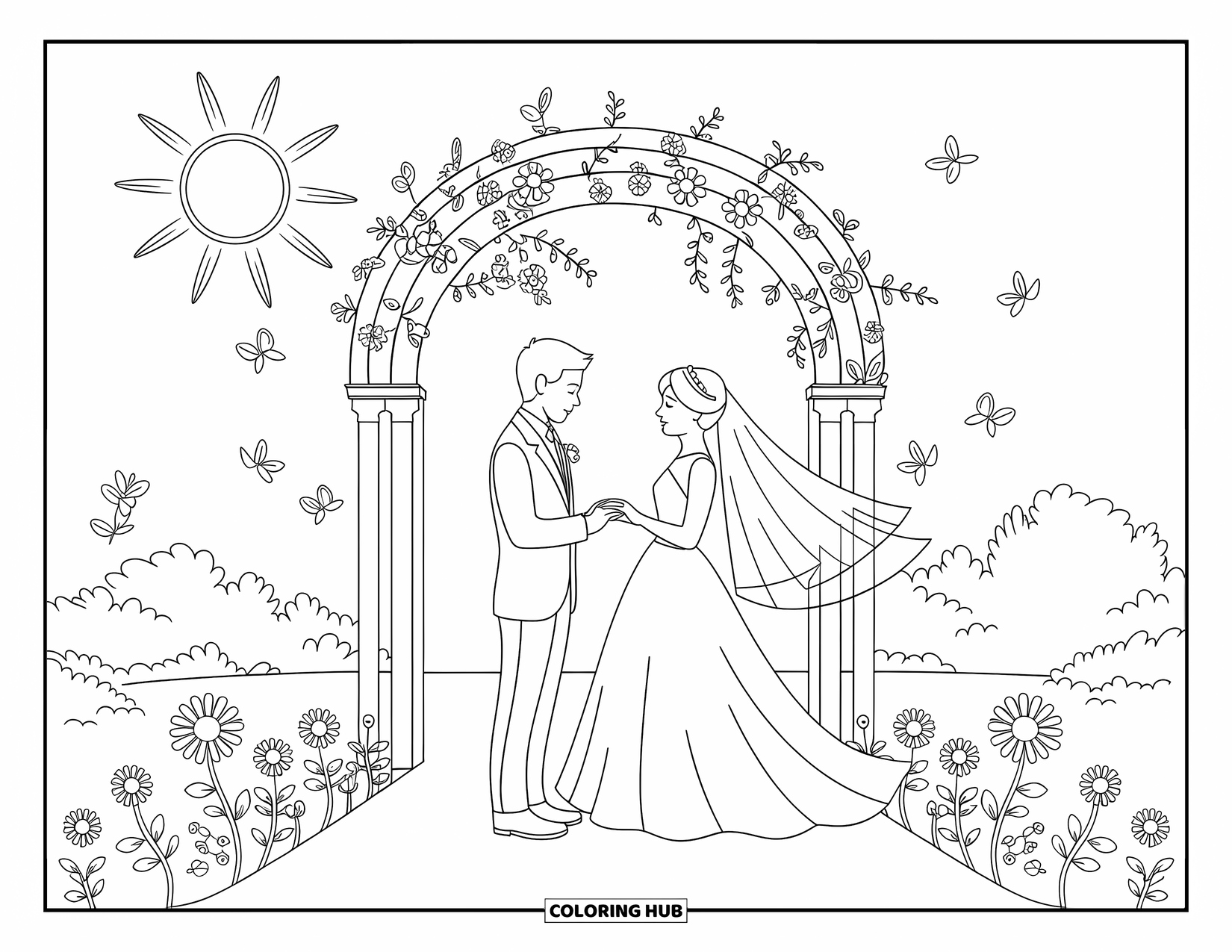 Wedding Coloring Page for Kids: Joyful couple exchanges rings under a garden arch with vines, birds, and flowers